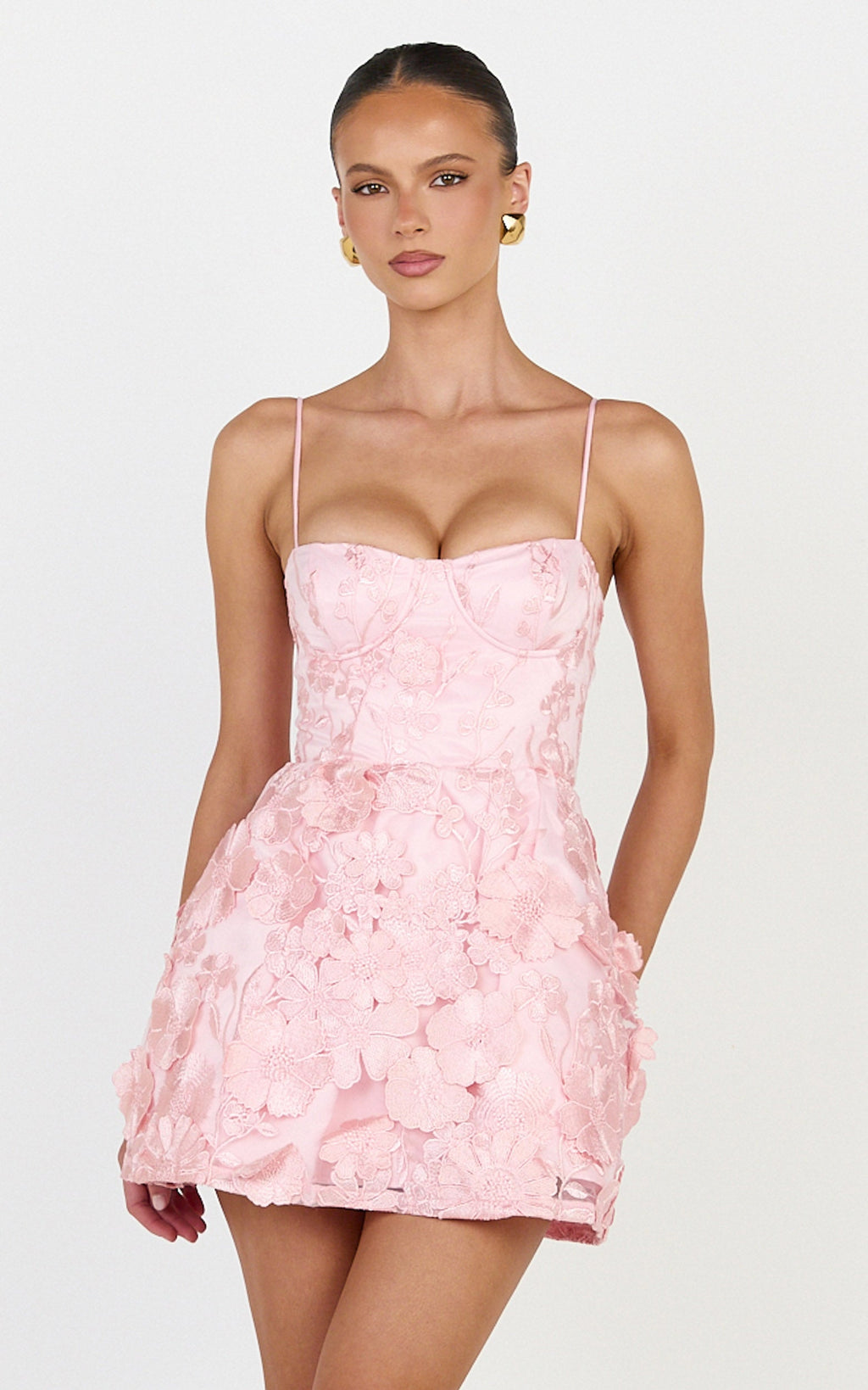 Kala Mini Elbise - Pembe 3D Çiçekli A Kesim Elbise