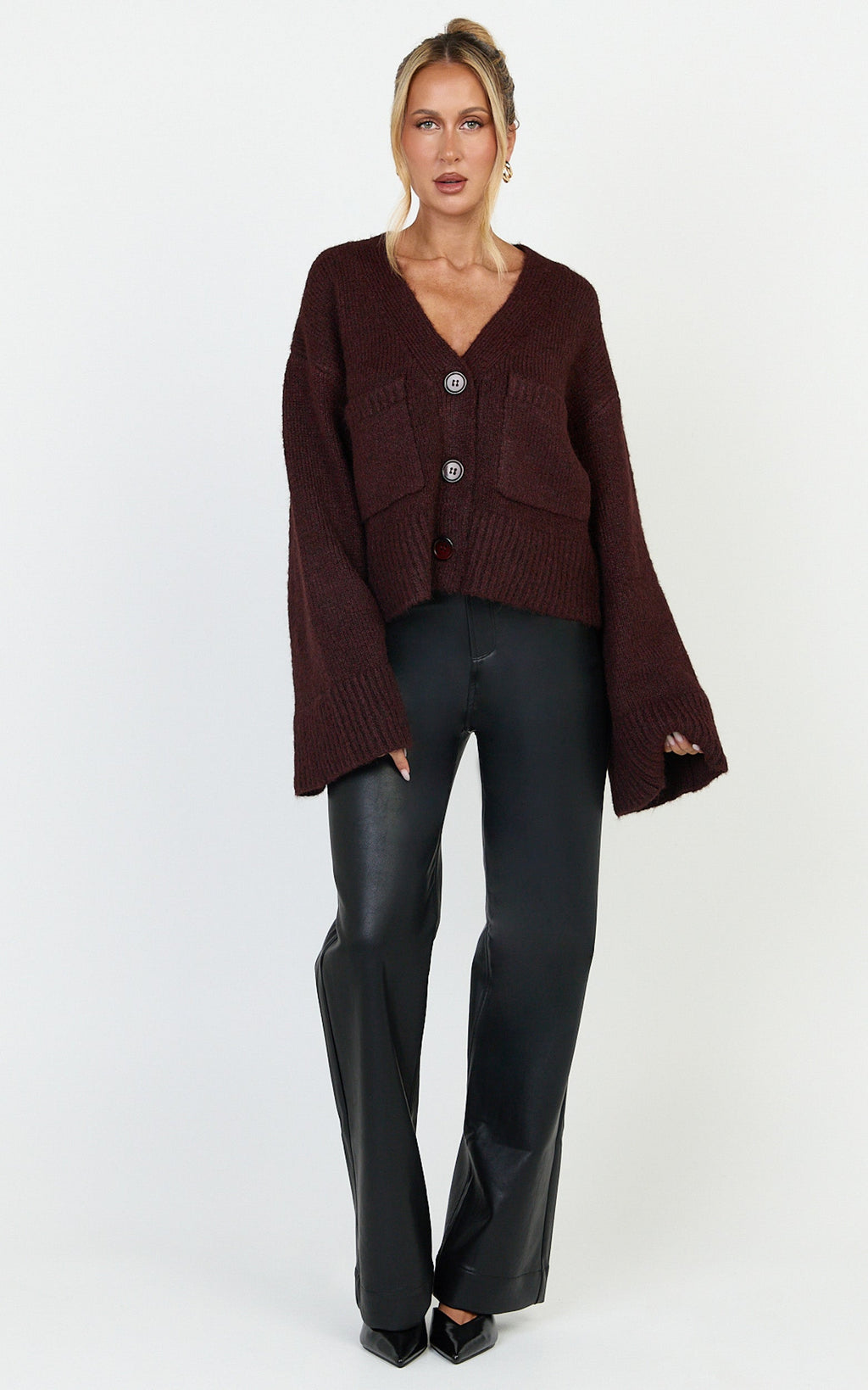 Becka Hırka - Bordo Oversize Geri Dönüştürülmüş Triko Boydan Düğmeli Hırka