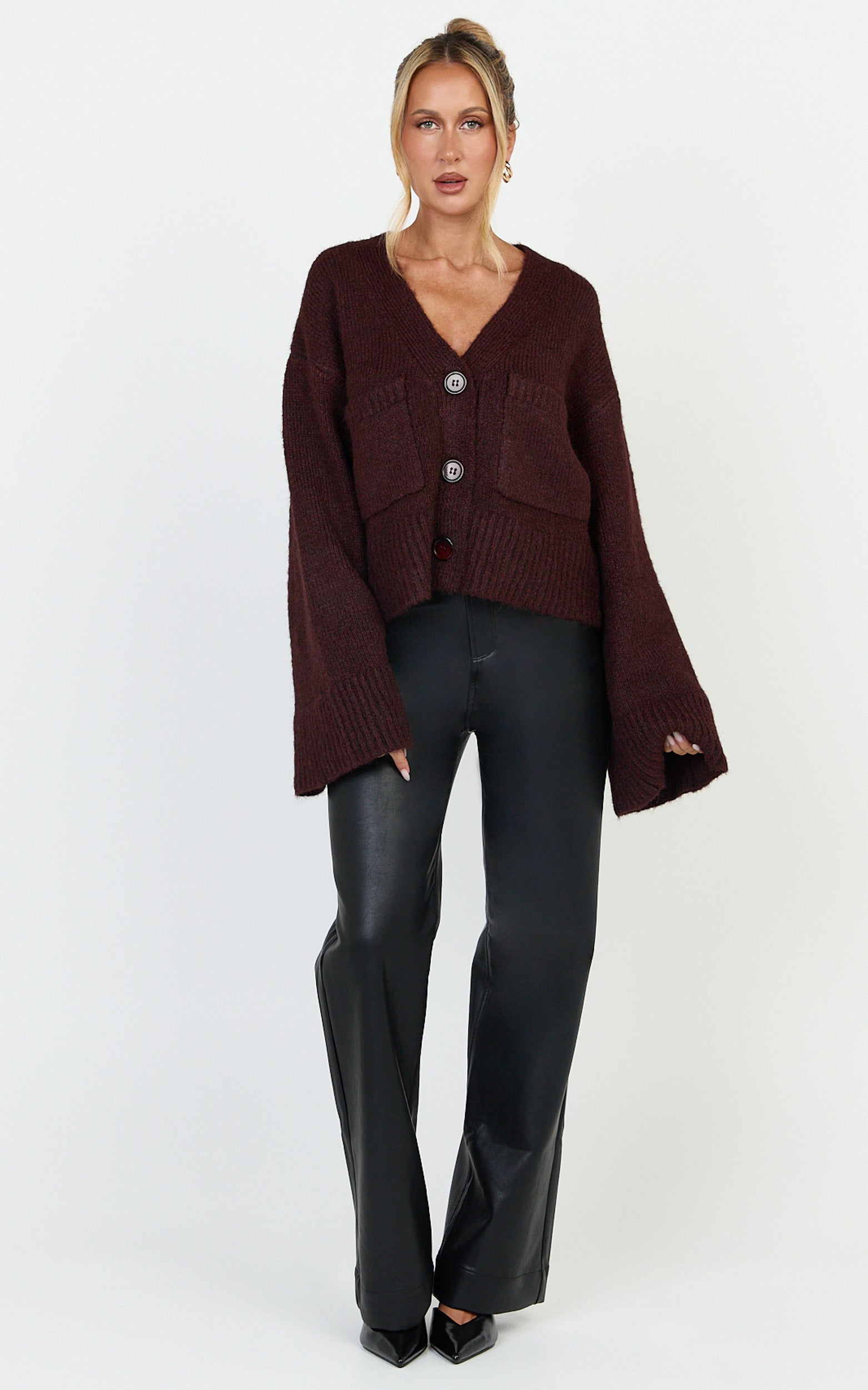 Becka Hırka - Bordo Oversize Geri Dönüştürülmüş Triko Boydan Düğmeli Hırka