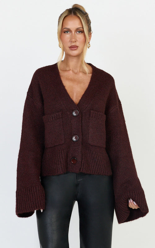 Becka Hırka - Bordo Oversize Geri Dönüştürülmüş Triko Boydan Düğmeli Hırka