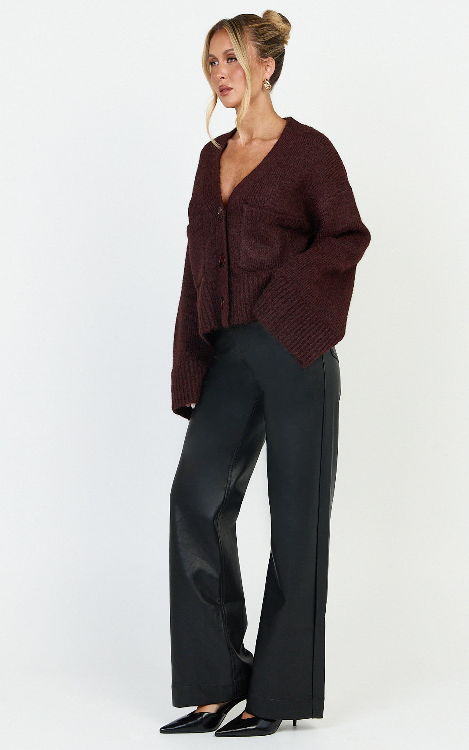 Becka Hırka - Bordo Oversize Geri Dönüştürülmüş Triko Boydan Düğmeli Hırka
