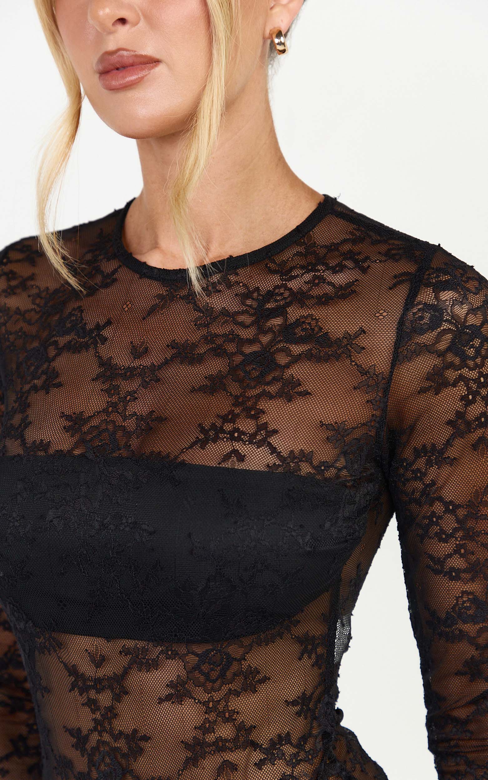 Serenade Bodysuit - Siyah Uzun Kollu Dantel Bodysuit