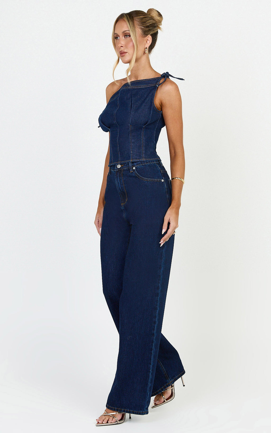 Ivy Üst - Koyu Mavi Yıkamalı Asimetrik Yaka Bağlama Detaylı Esnek Denim Üst
