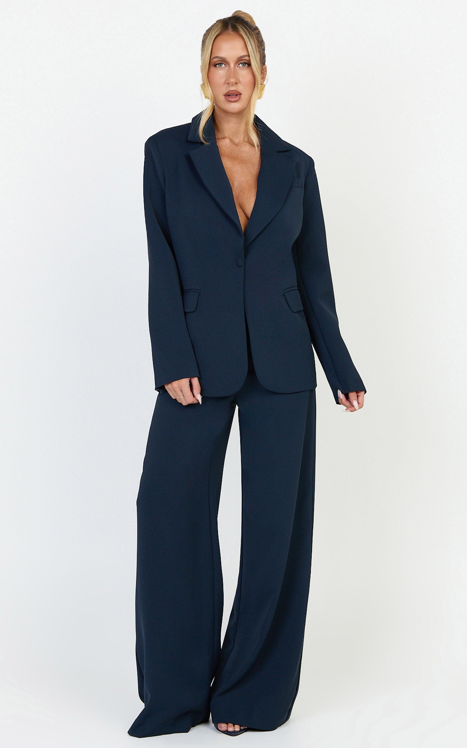 Selena Blazer - Lacivert Oversize Tek Düğmeli Blazer