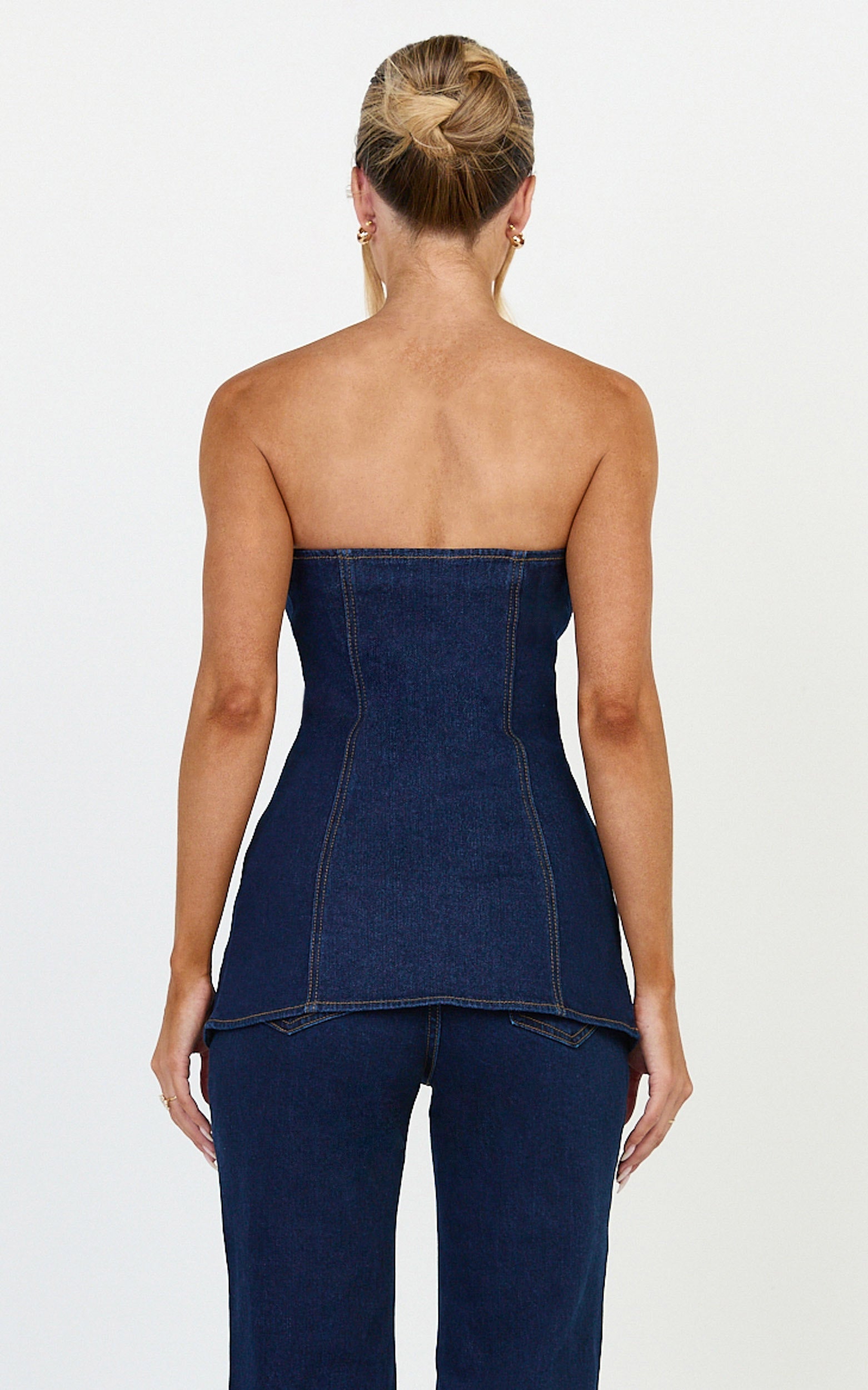Phoebe Üst - Koyu Mavi Yıkamalı Straplez Düğmeli Esnek Denim Üst