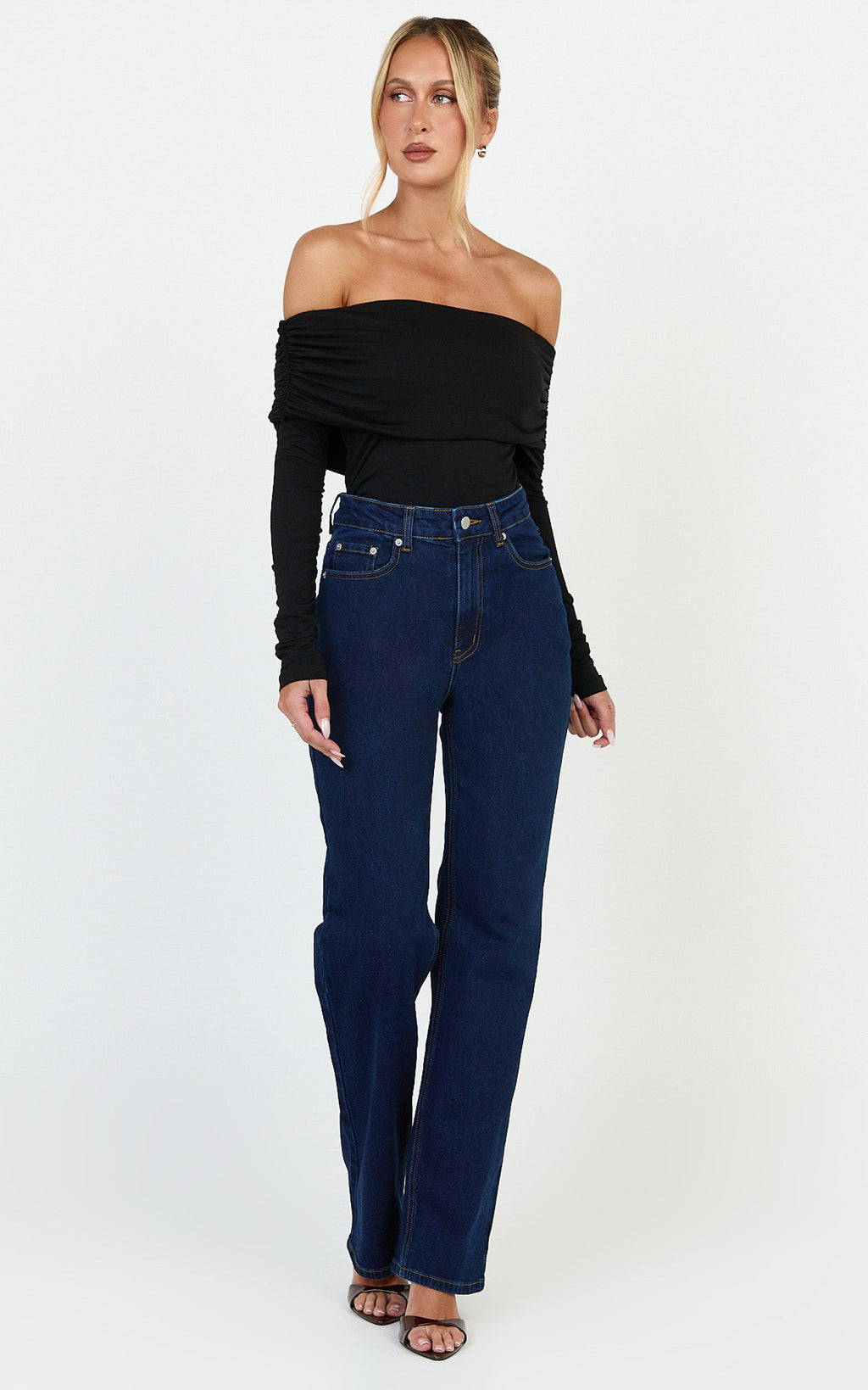 Phoebe Jean - Koyu Mavi Yıkamalı Yüksek Bel Düz Paça Esnek Denim Jean
