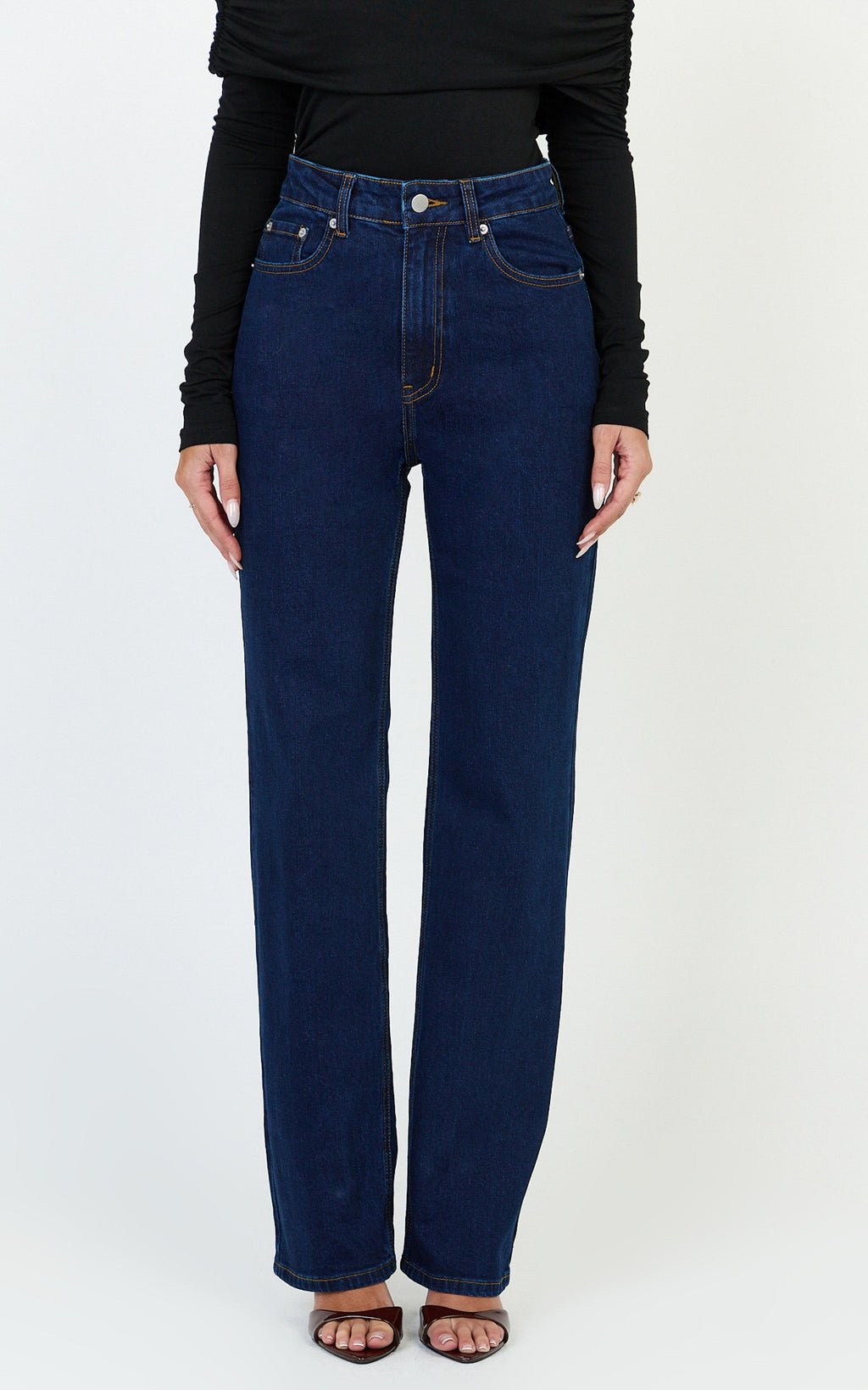 Phoebe Jean - Koyu Mavi Yıkamalı Yüksek Bel Düz Paça Esnek Denim Jean