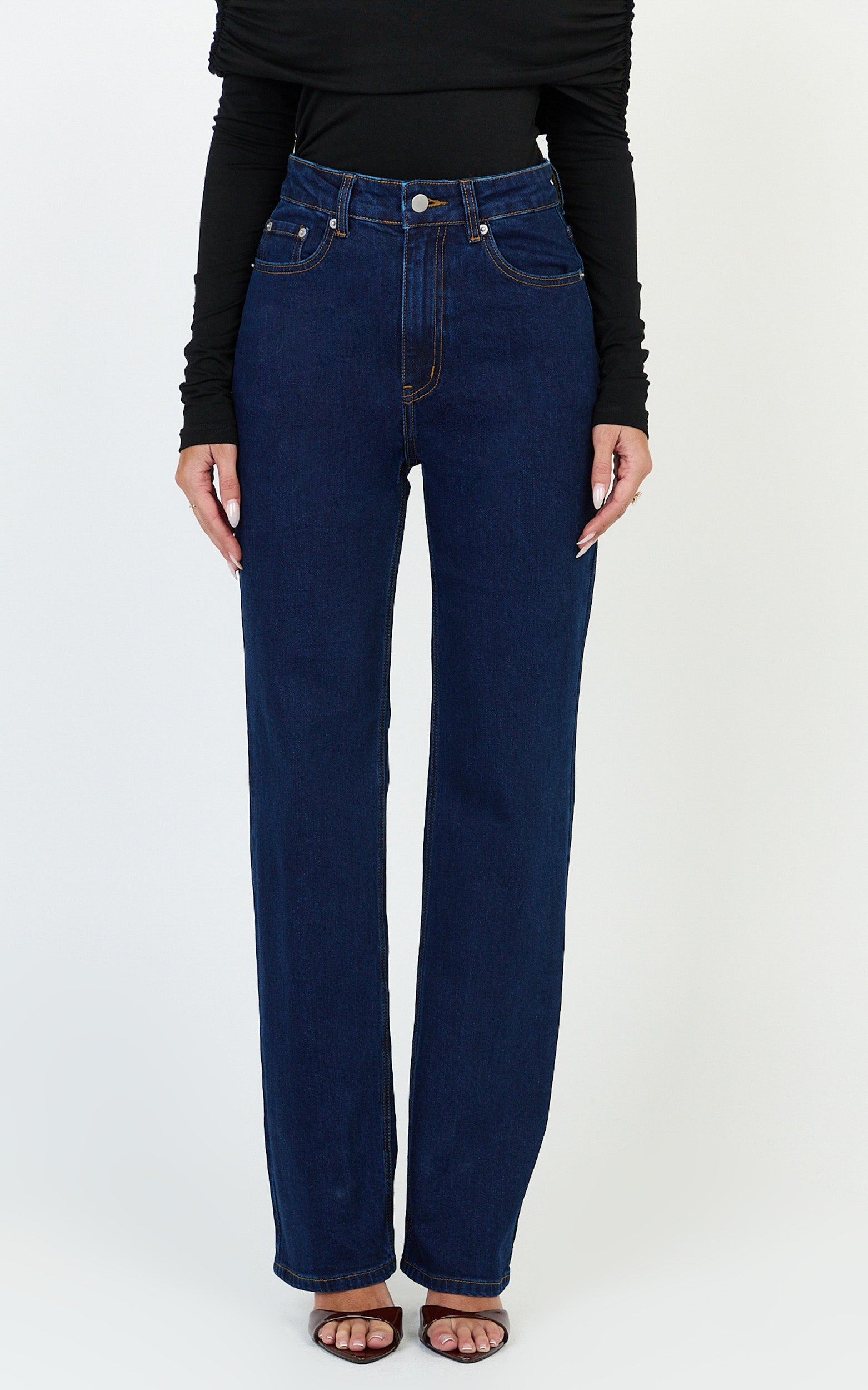 Phoebe Jean - Koyu Mavi Yıkamalı Yüksek Bel Düz Paça Esnek Denim Jean