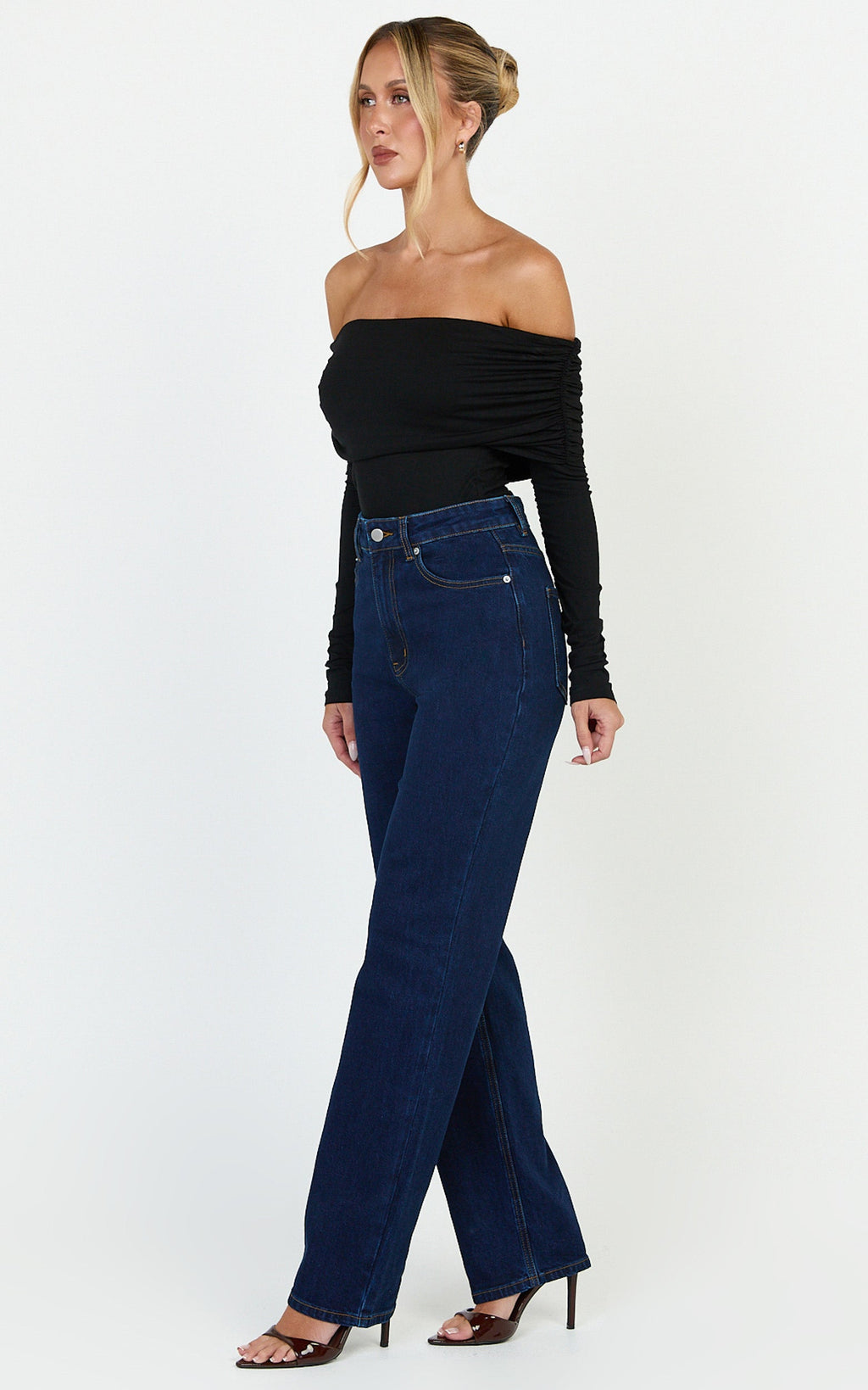 Phoebe Jean - Koyu Mavi Yıkamalı Yüksek Bel Düz Paça Esnek Denim Jean