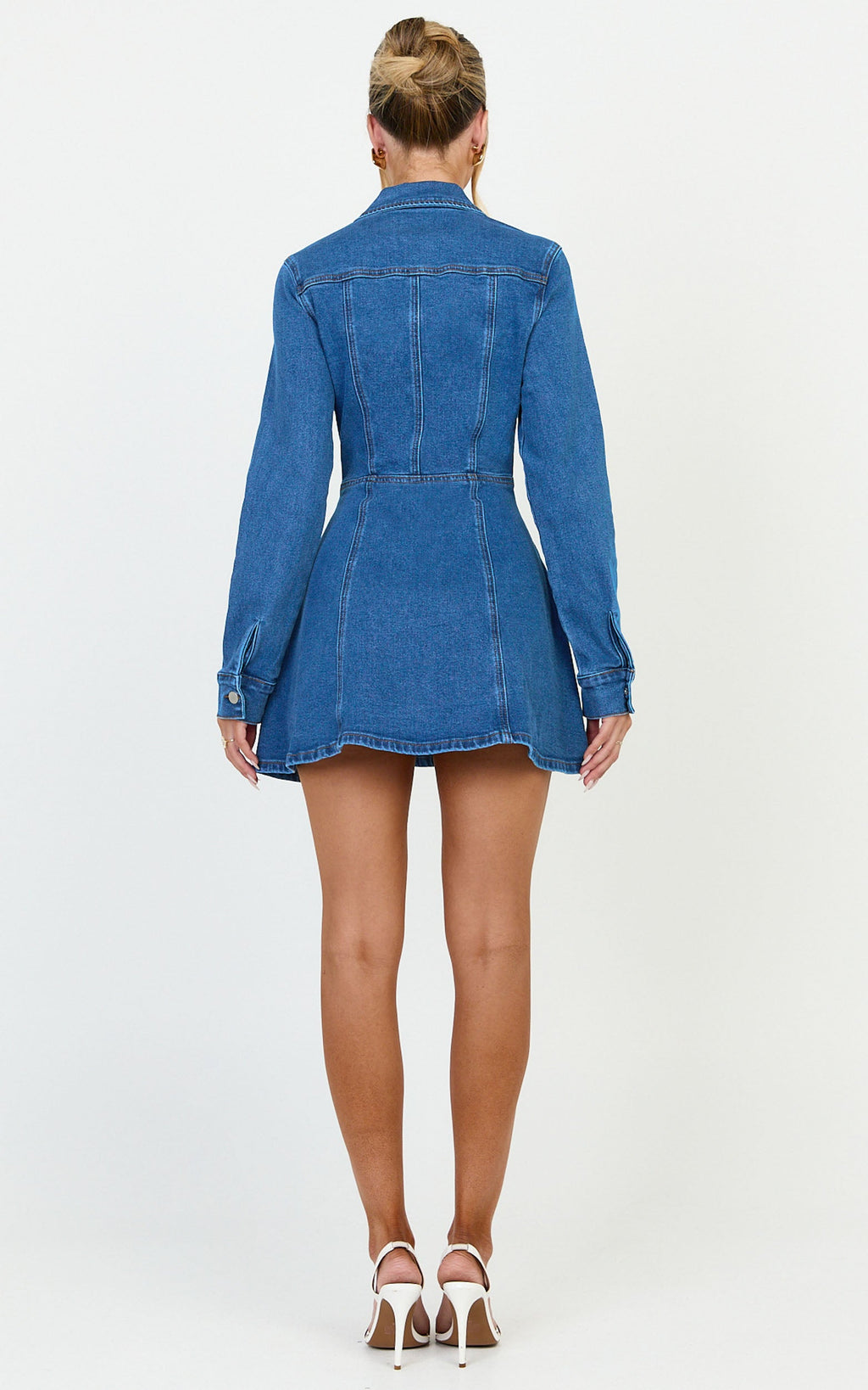Cleo Mini Elbise - Orta Mavi Yıkamalı Panel Detaylı Esnek Denim Gömlek Elbise