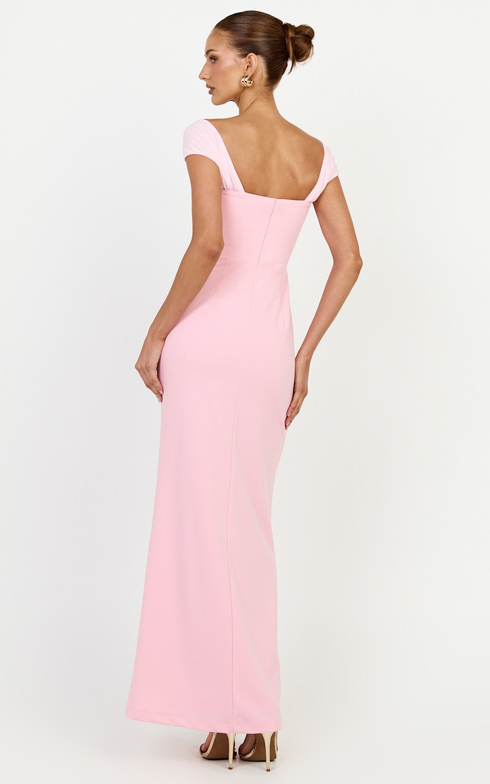 Malibu Maxi Elbise - Pembe Omuzları Açık Yüksek Yırtmaçlı Elbise