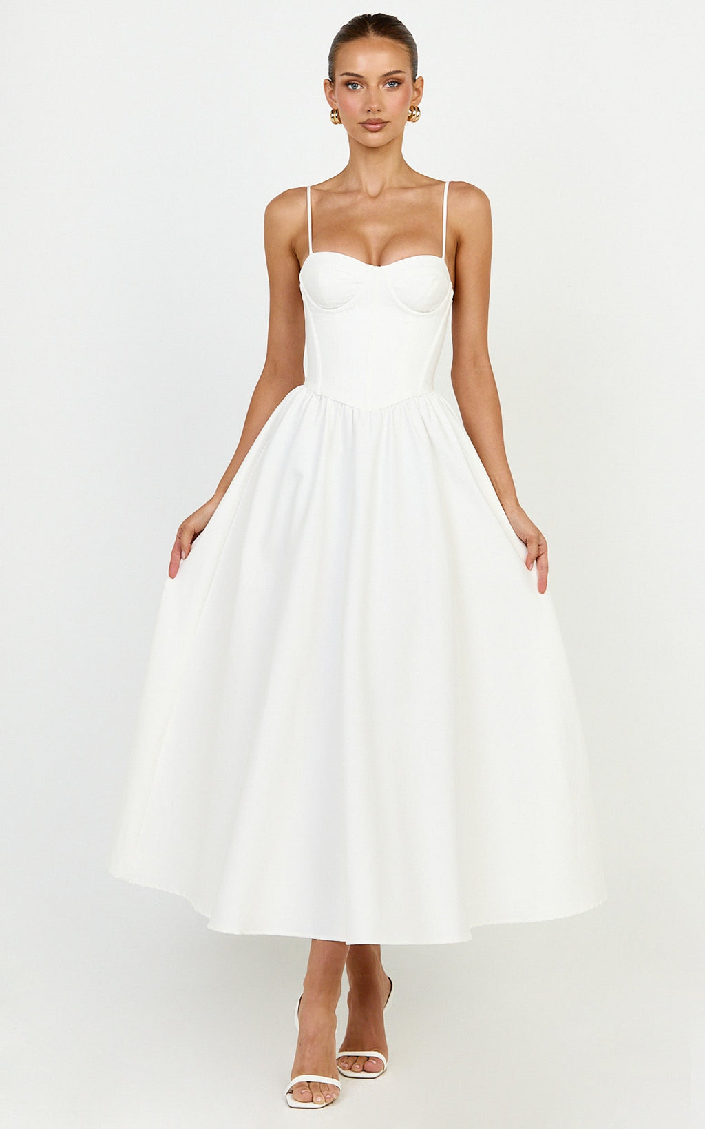 Seren Midi Elbise - Beyaz Korse Büstlü Fit & Flare Elbise