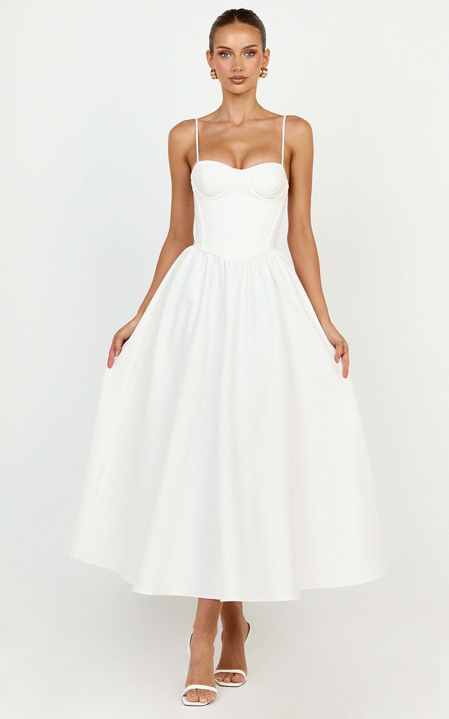 Seren Midi Elbise - Beyaz Korse Büstlü Fit & Flare Elbise