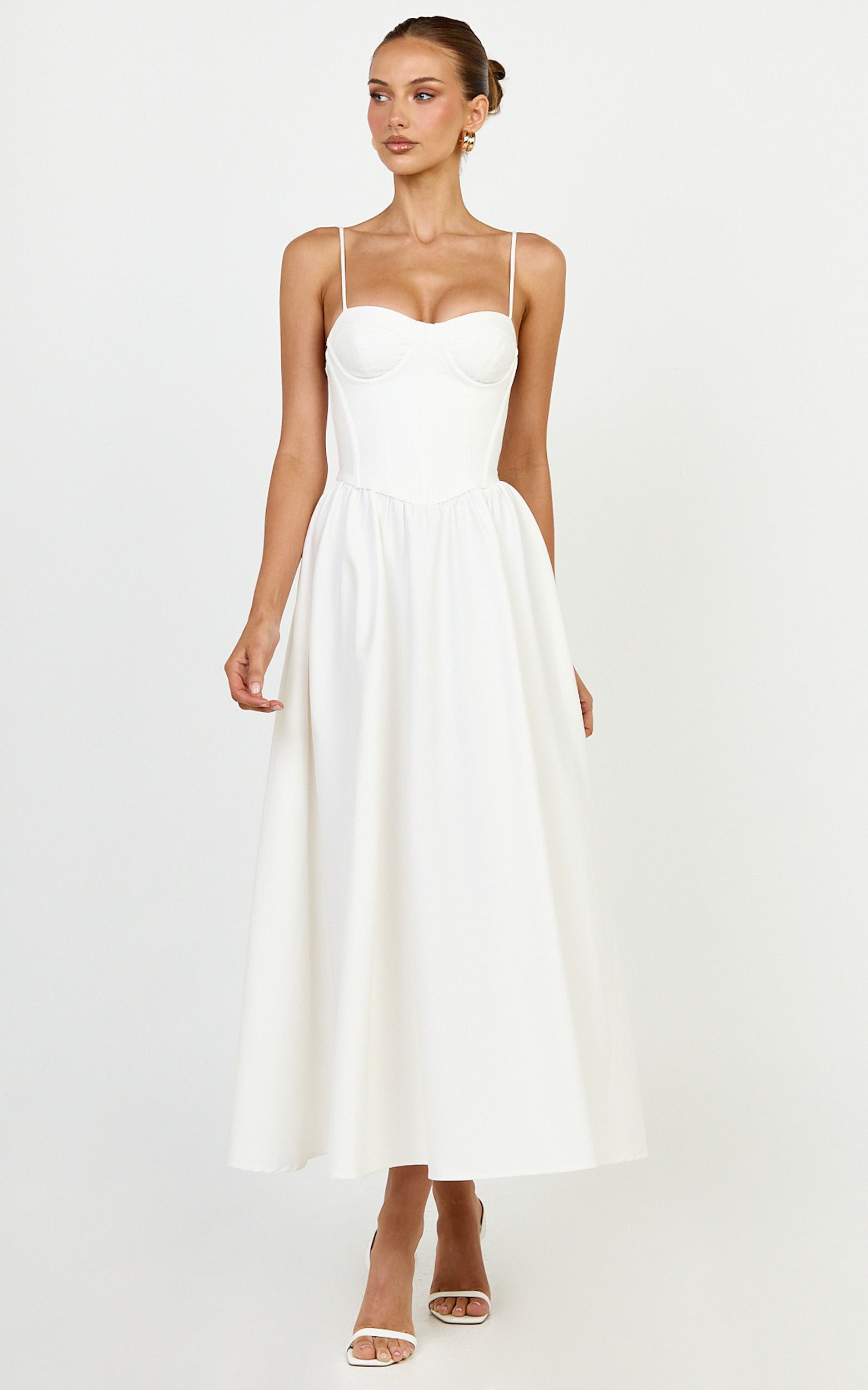 Seren Midi Elbise - Beyaz Korse Büstlü Fit & Flare Elbise