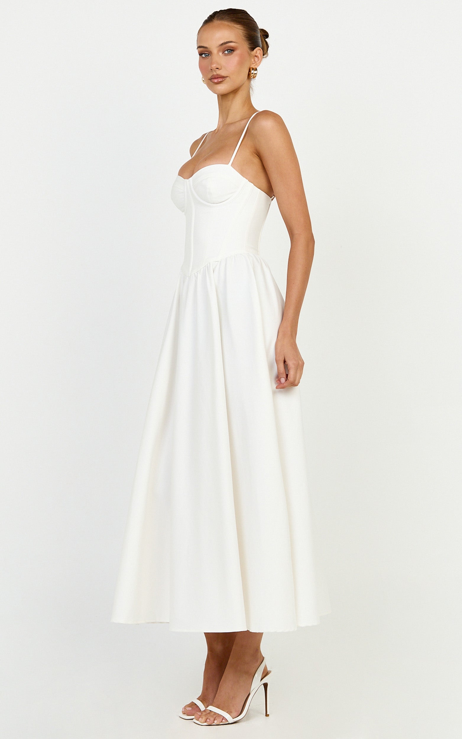 Seren Midi Elbise - Beyaz Korse Büstlü Fit & Flare Elbise