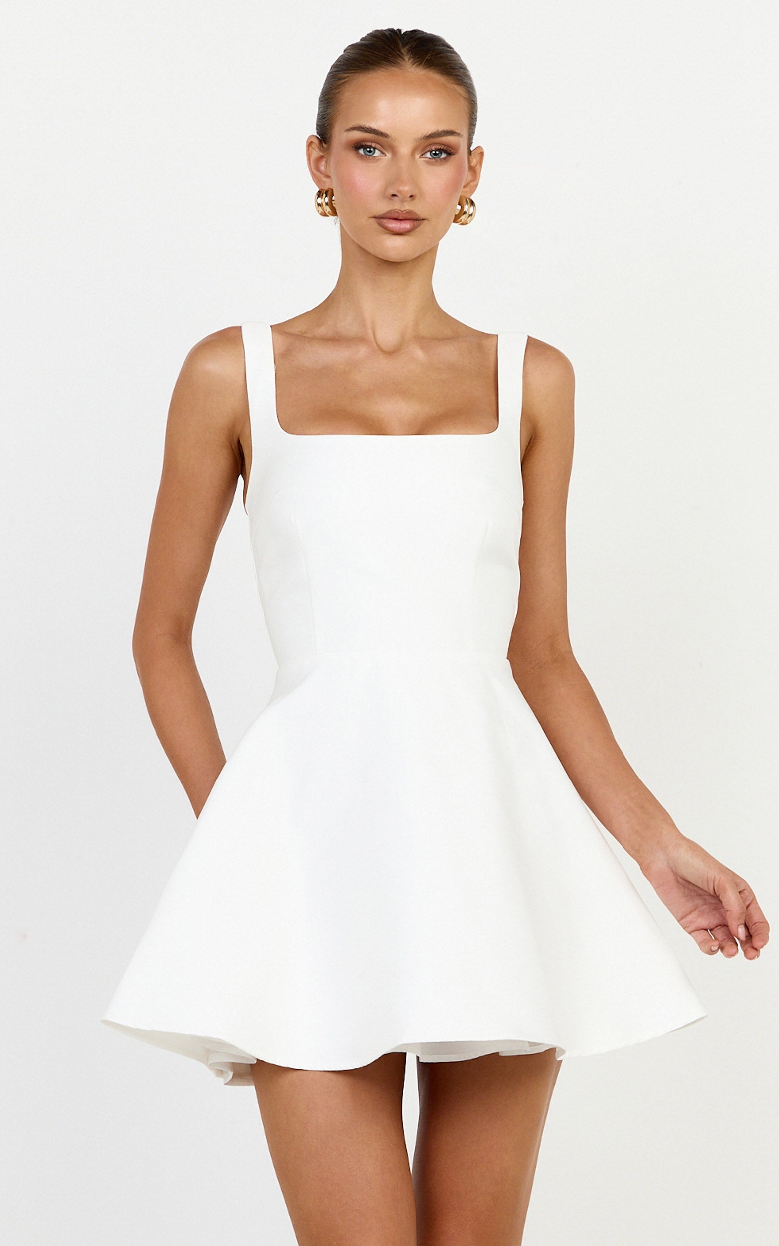 Talia Mini Elbise - Beyaz U Yaka Fit & Flare Elbise