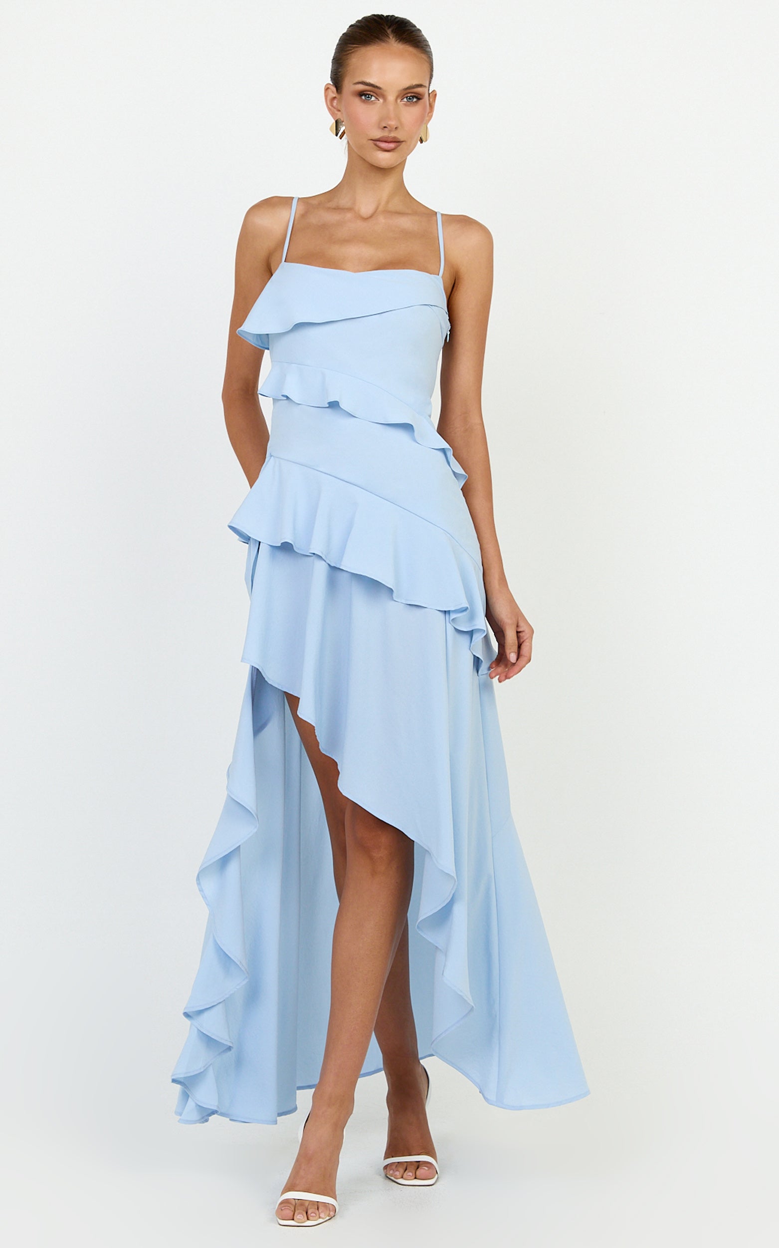 Arabella Maxi Elbise - Mavi Kat Kat Fırfırlı Fit & Flare Elbise