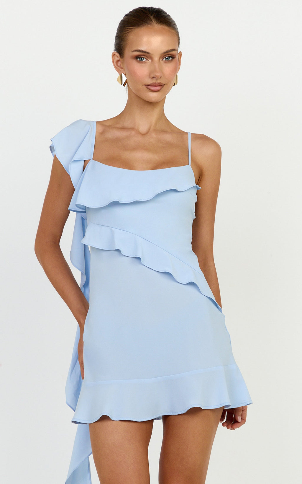 Arabella Mini Elbise - Mavi Fırfırlı V Yaka Fırfır Uçlu Fit & Flare Elbise