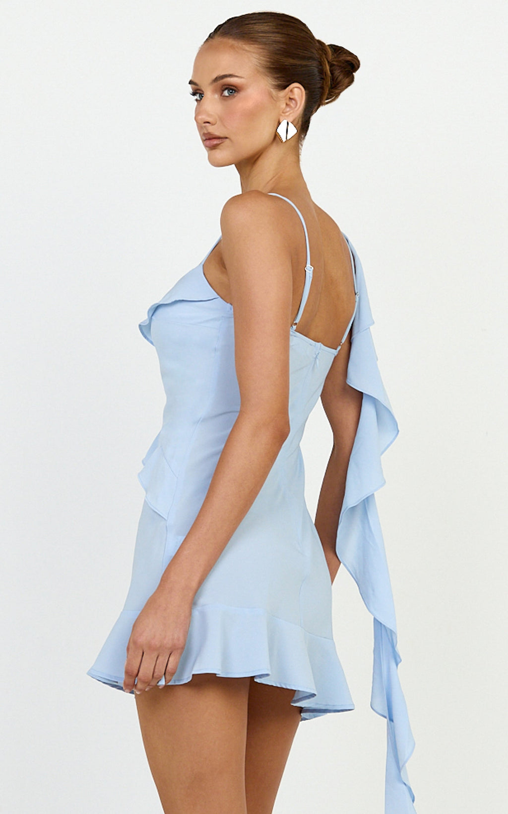 Arabella Mini Elbise - Mavi Fırfırlı V Yaka Fırfır Uçlu Fit & Flare Elbise