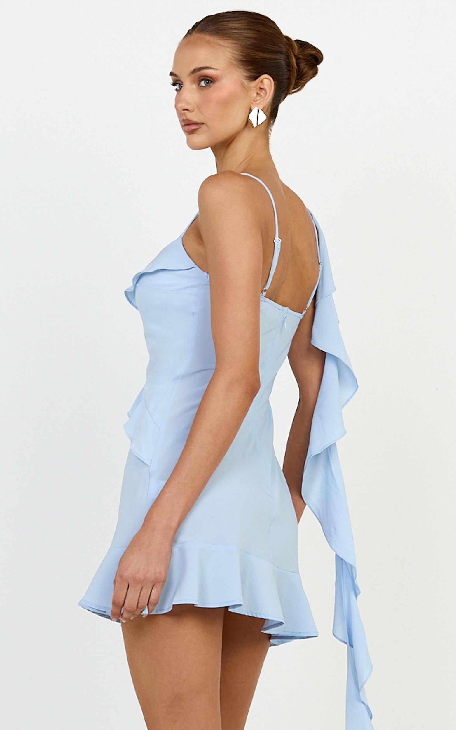 Arabella Mini Elbise - Mavi Fırfırlı V Yaka Fırfır Uçlu Fit & Flare Elbise