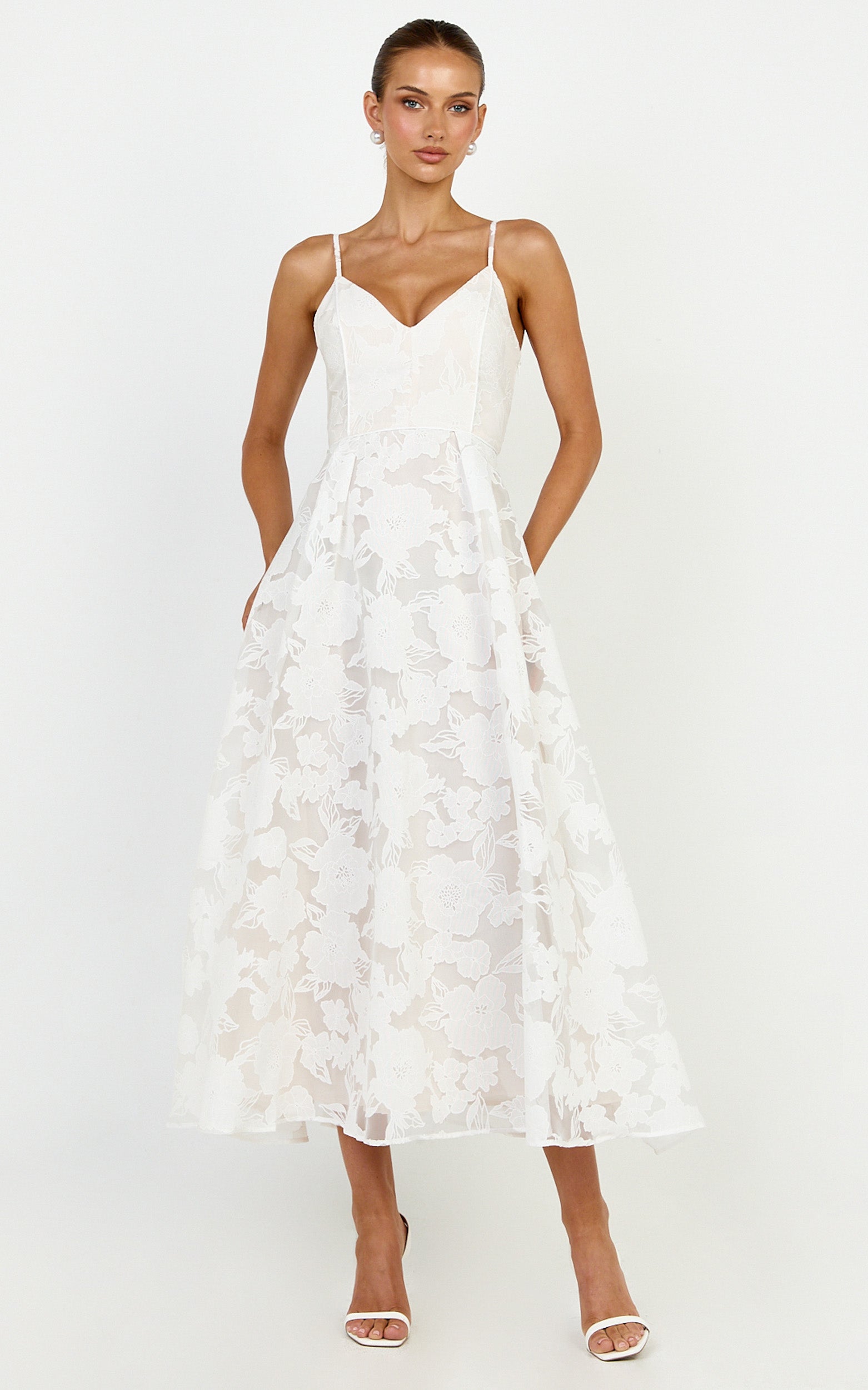 Philine Midi Elbise - Beyaz Jakarlı Derin Dekolteli Fit & Flare Elbise