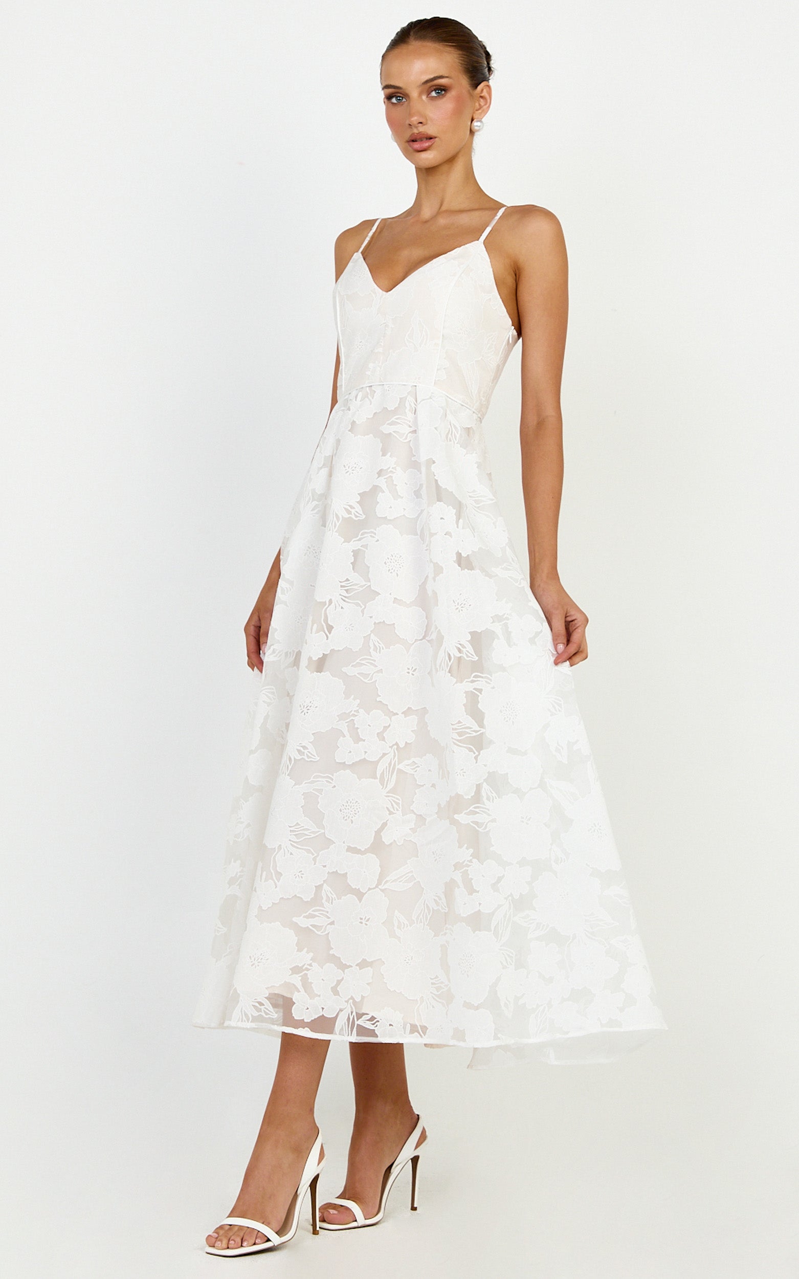 Philine Midi Elbise - Beyaz Jakarlı Derin Dekolteli Fit & Flare Elbise