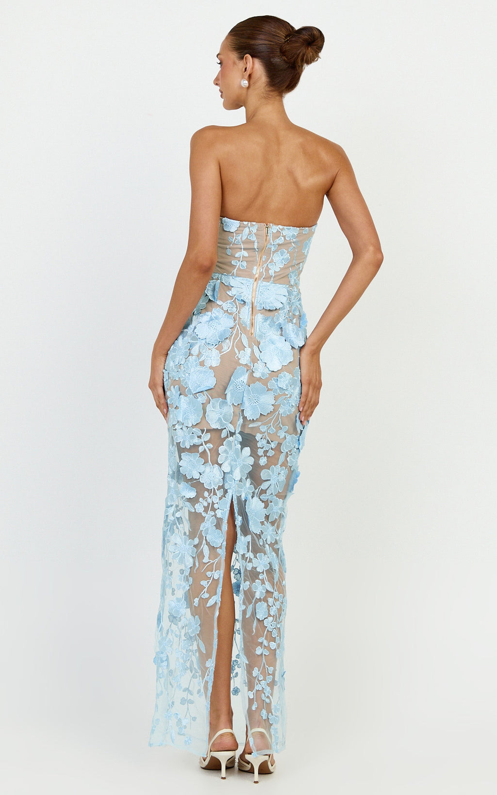 Sienna Maxi Elbise - Mavi 3D Çiçekli Straplez Düz Kesim Elbise