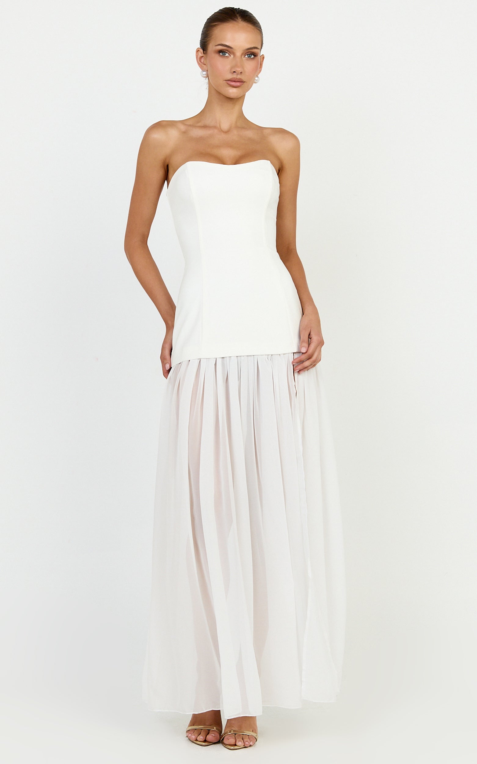 Jocelyn Maxi Elbise - Fildişi Straplez Büzgülü Fit & Flare Elbise
