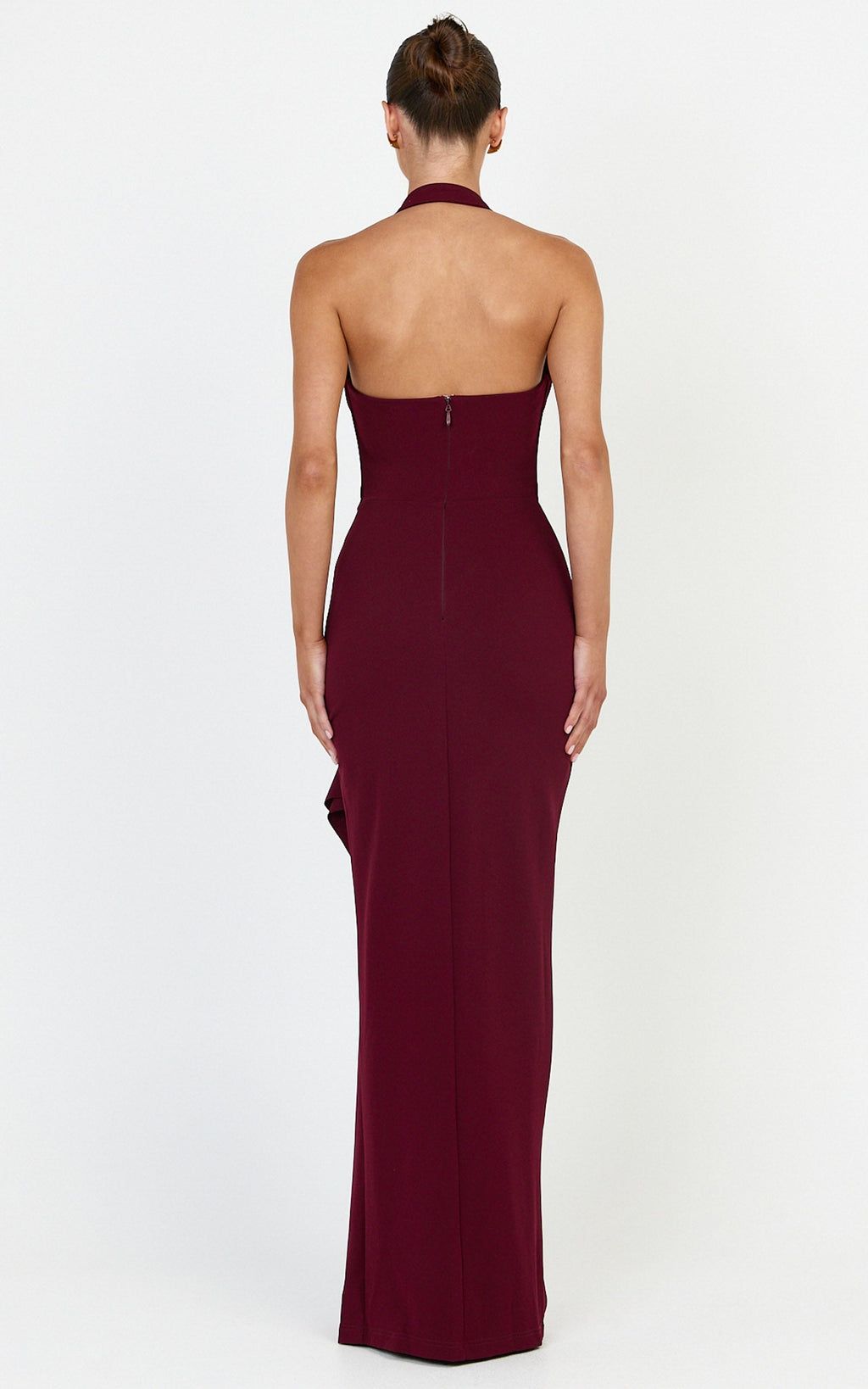Lyra Maxi Elbise - Bordo Boyundan Bağlamalı Şelale Kuşaklı Asimetrik Düşük Belli Yırtmaçlı Elbise