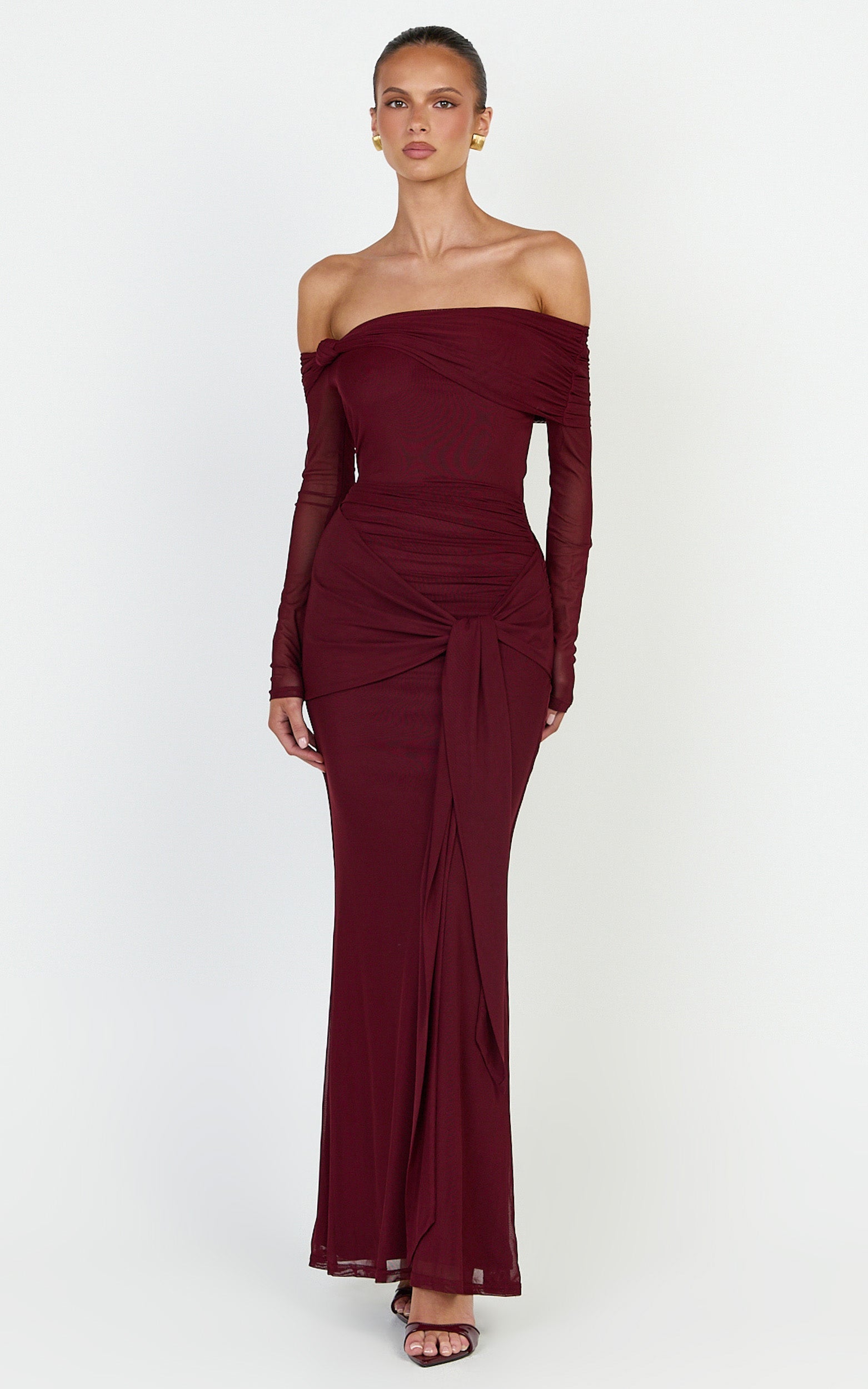 Waverly Maxi Elbise - Bordo Uzun Kollu Omuzları Açık Elbise