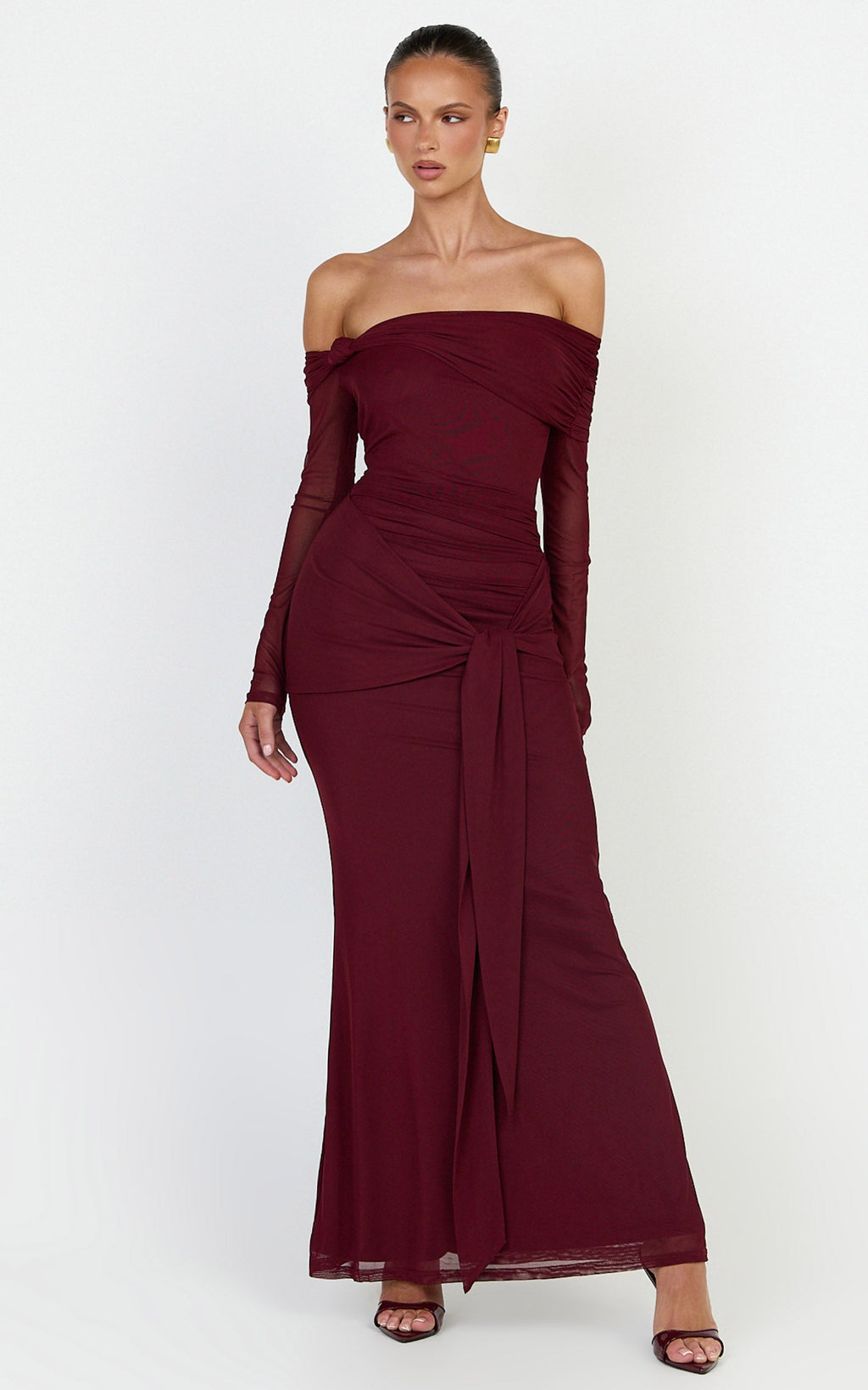 Waverly Maxi Elbise - Bordo Uzun Kollu Omuzları Açık Elbise