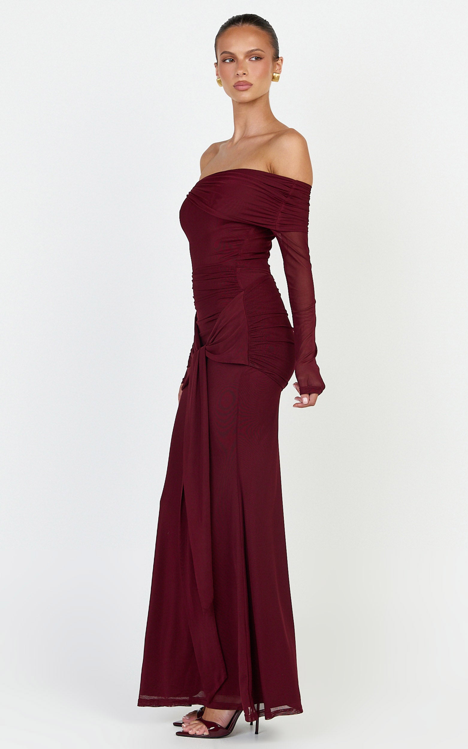 Waverly Maxi Elbise - Bordo Uzun Kollu Omuzları Açık Elbise