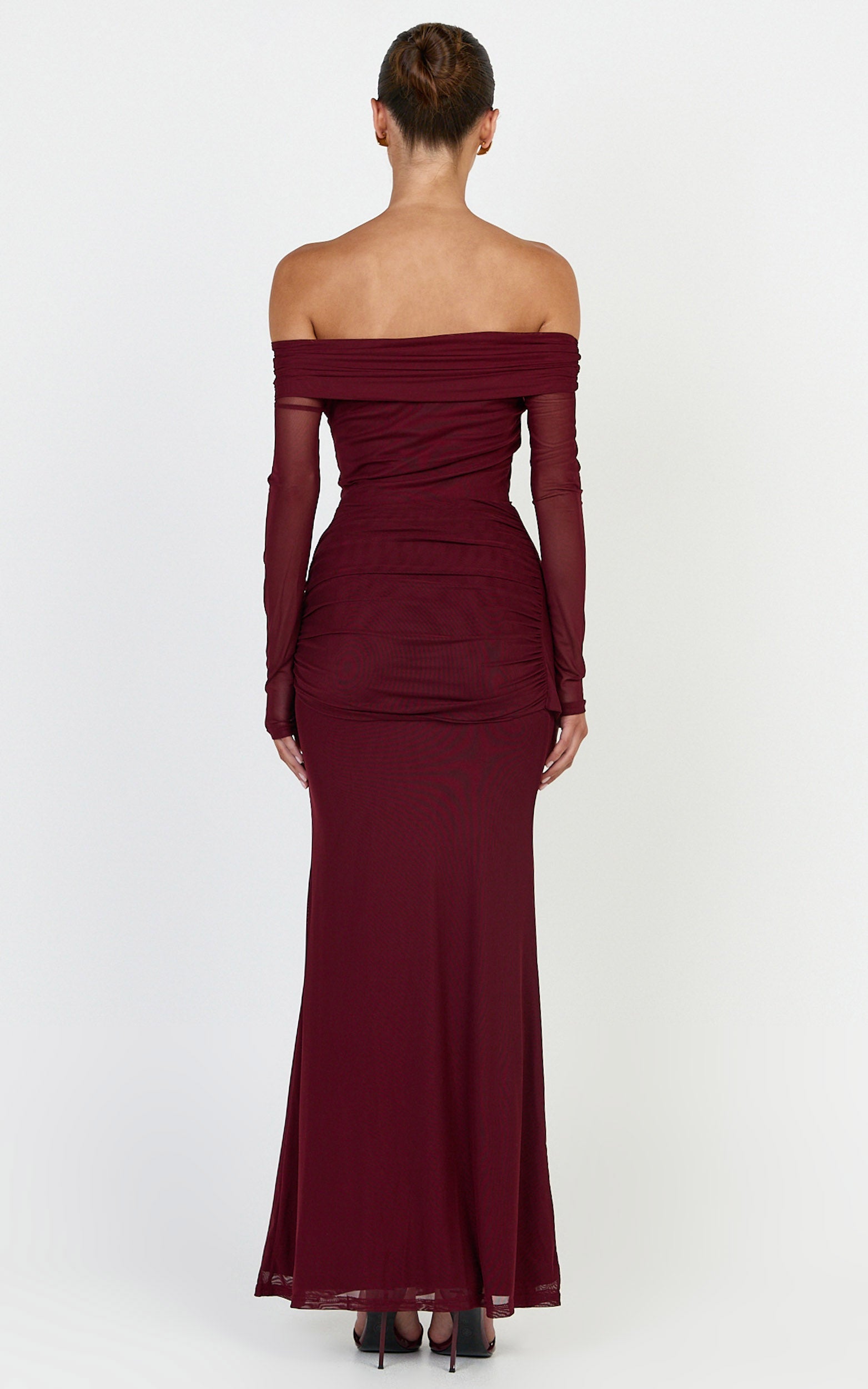 Waverly Maxi Elbise - Bordo Uzun Kollu Omuzları Açık Elbise