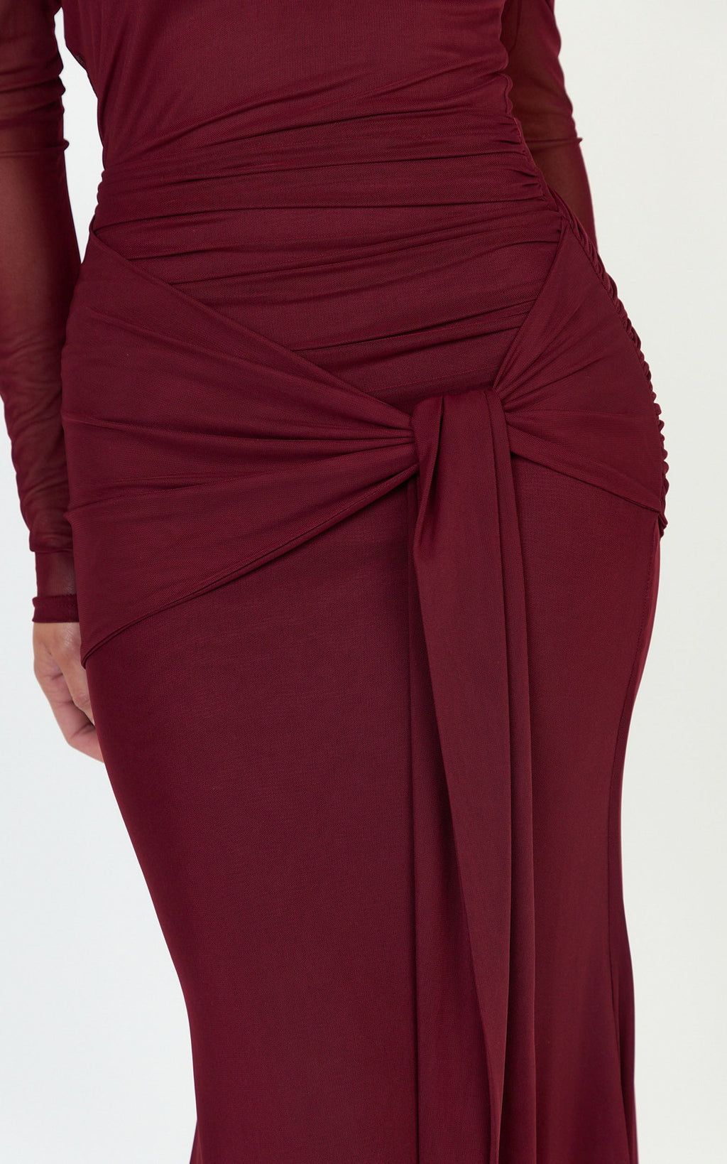 Waverly Maxi Elbise - Bordo Uzun Kollu Omuzları Açık Elbise