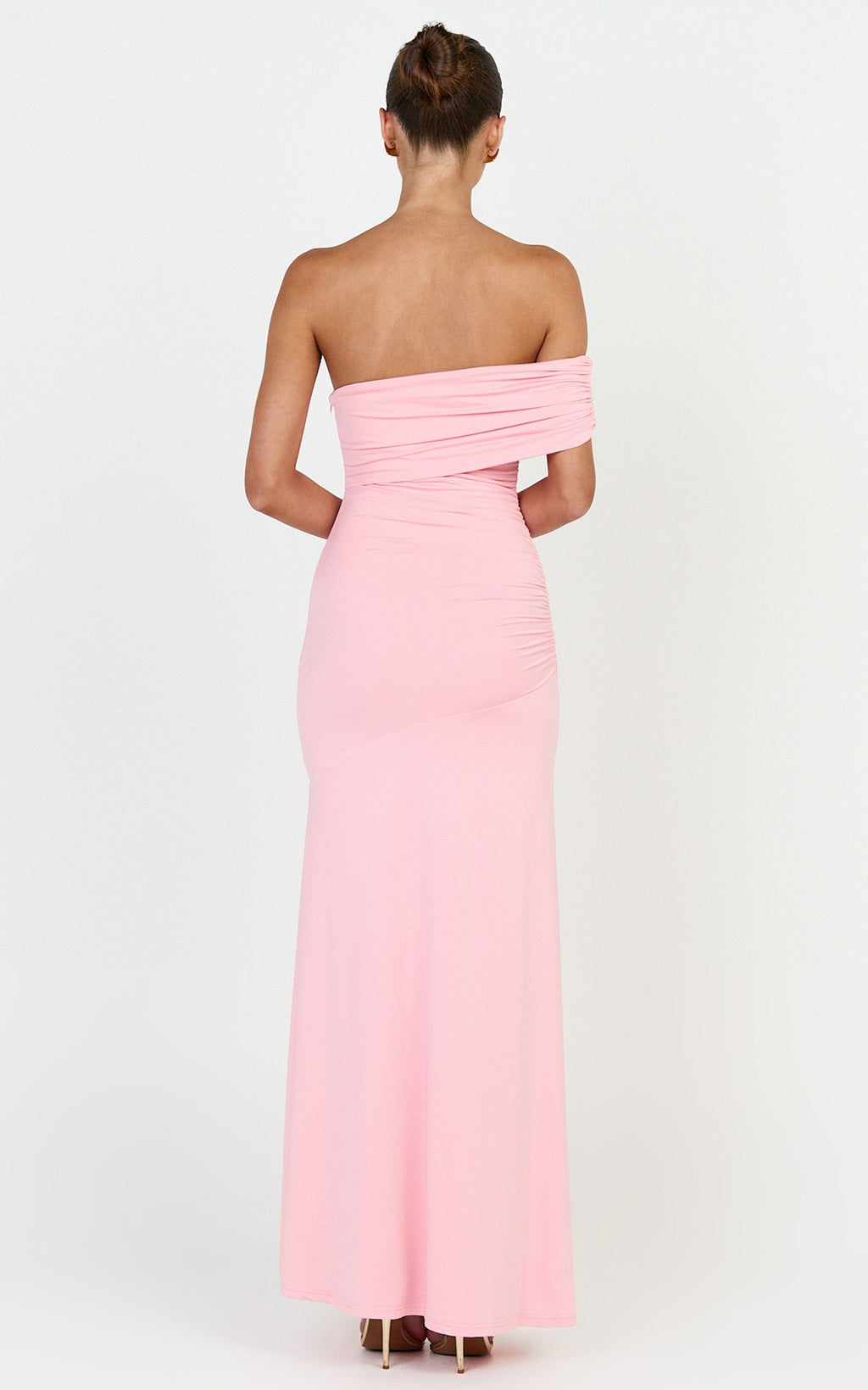 Opal Maxi Elbise - Pembe Omuzları Açık Büzgülü Büstlü Fit & Flare Elbise