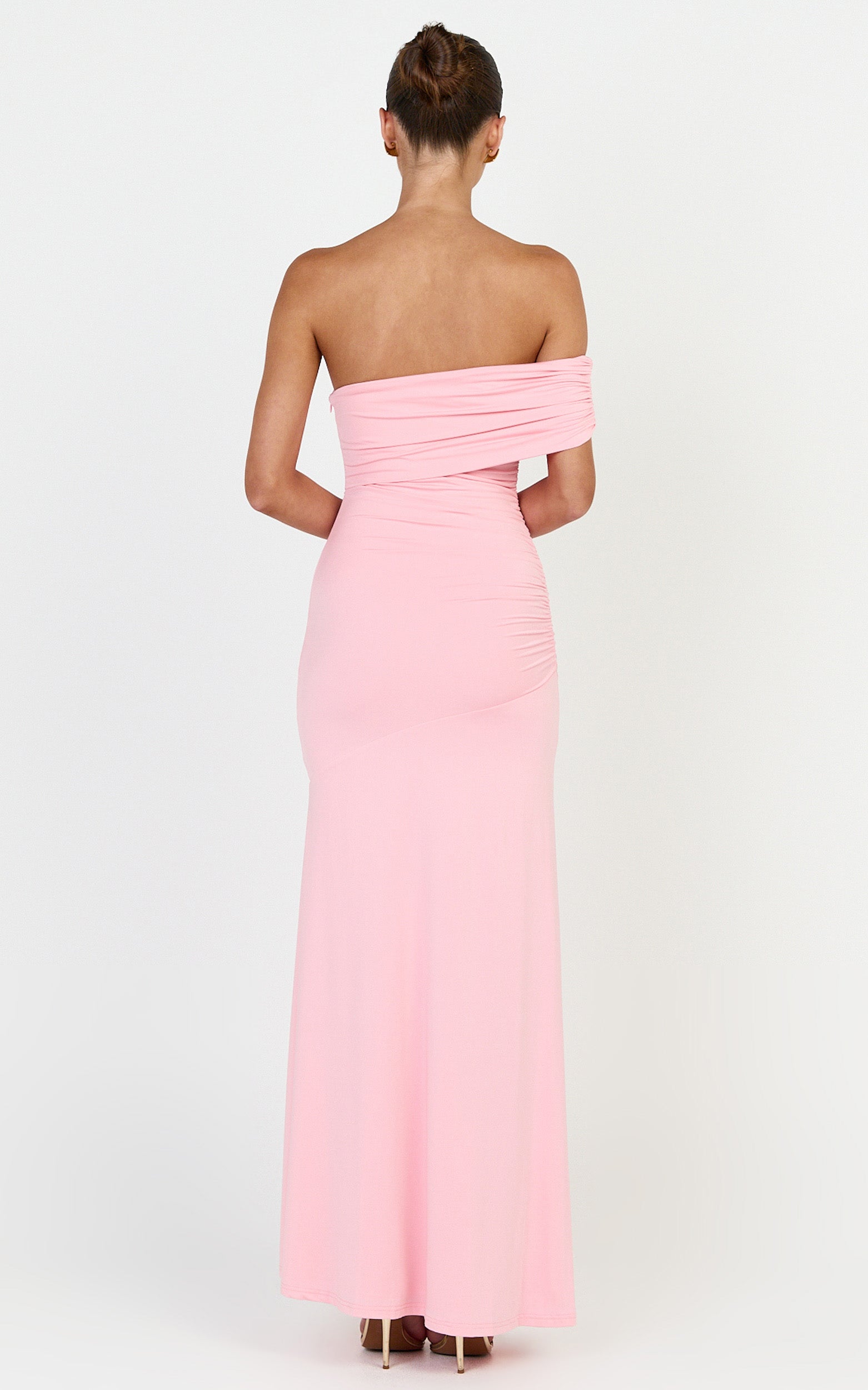Opal Maxi Elbise - Pembe Omuzları Açık Büzgülü Büstlü Fit & Flare Elbise
