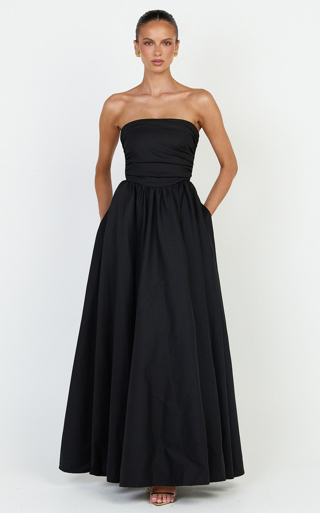 Gia Maxi Elbise - Siyah Büzgülü Büstlü Fit & Flare Elbise