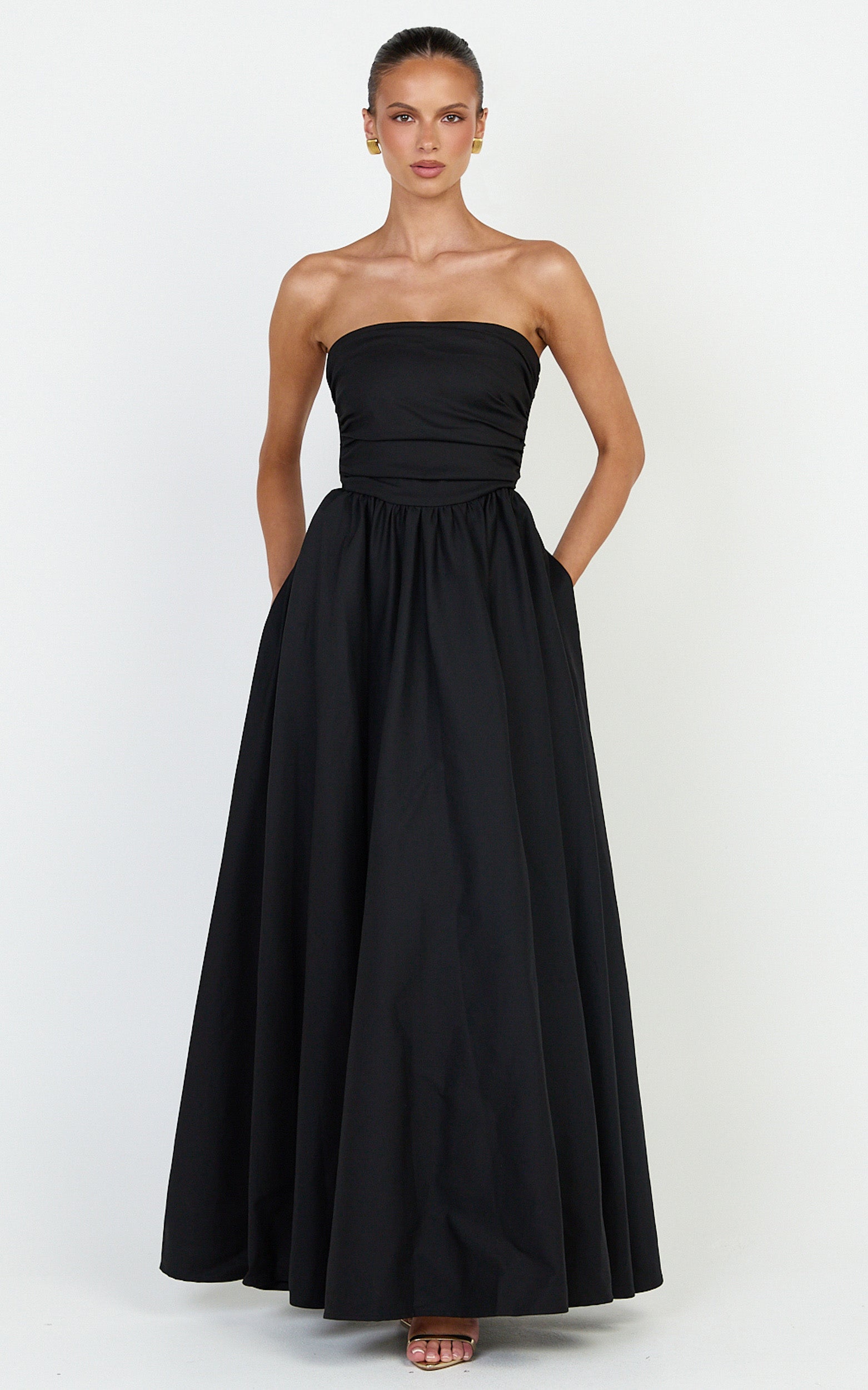 Gia Maxi Elbise - Siyah Büzgülü Büstlü Fit & Flare Elbise
