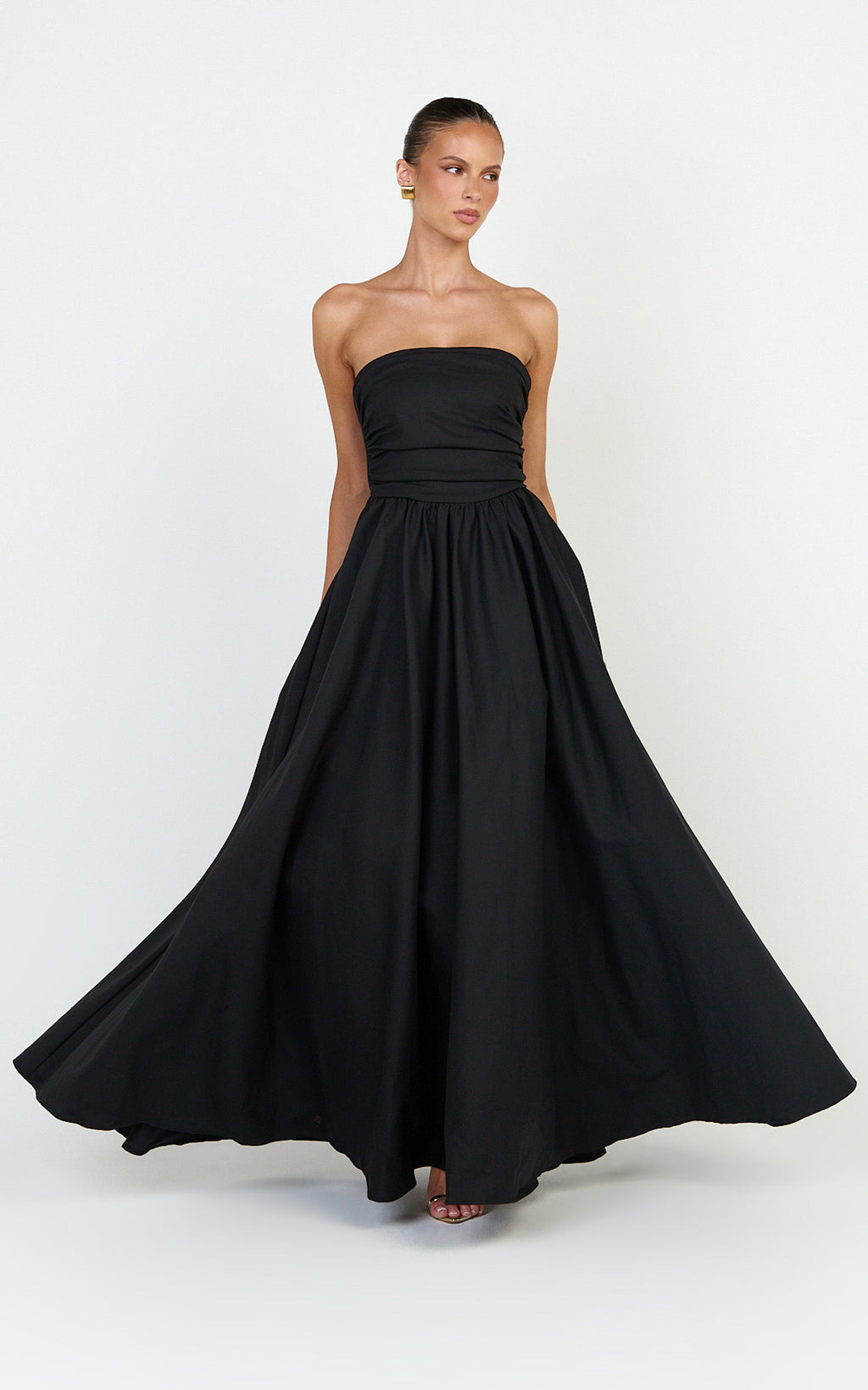 Gia Maxi Elbise - Siyah Büzgülü Büstlü Fit & Flare Elbise