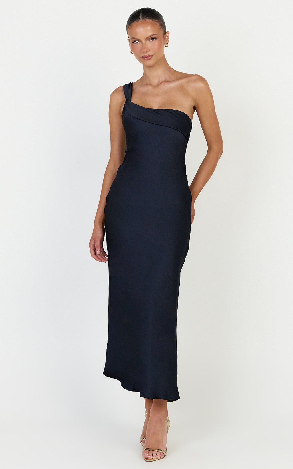 Calix Midi Elbise - Lacivert Tek Omuz Slip Elbise