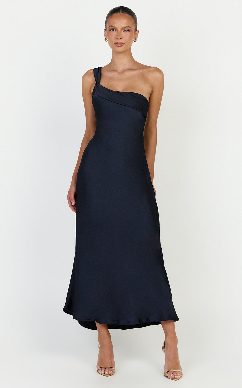 Calix Midi Elbise - Lacivert Tek Omuz Slip Elbise