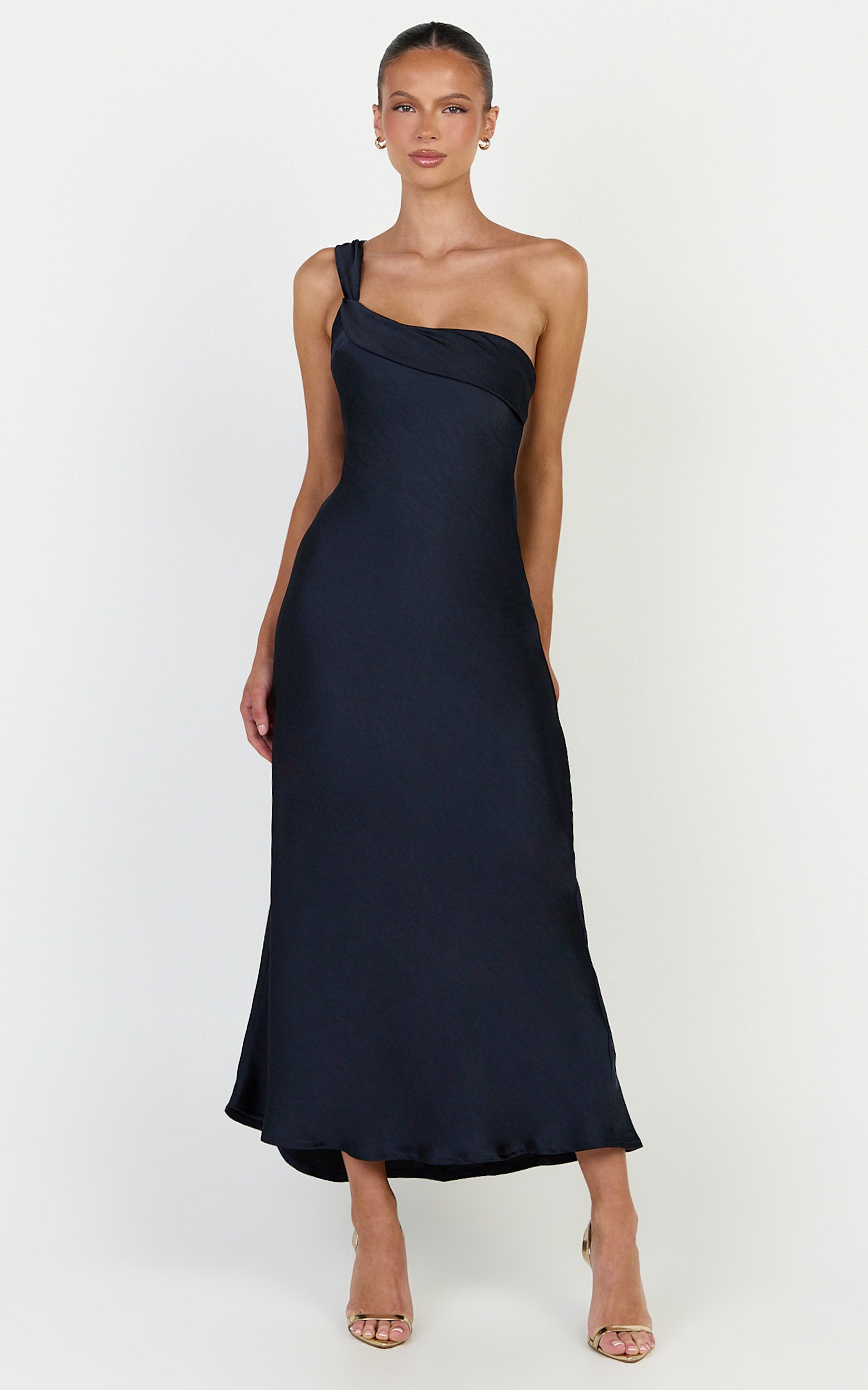 Calix Midi Elbise - Lacivert Tek Omuz Slip Elbise