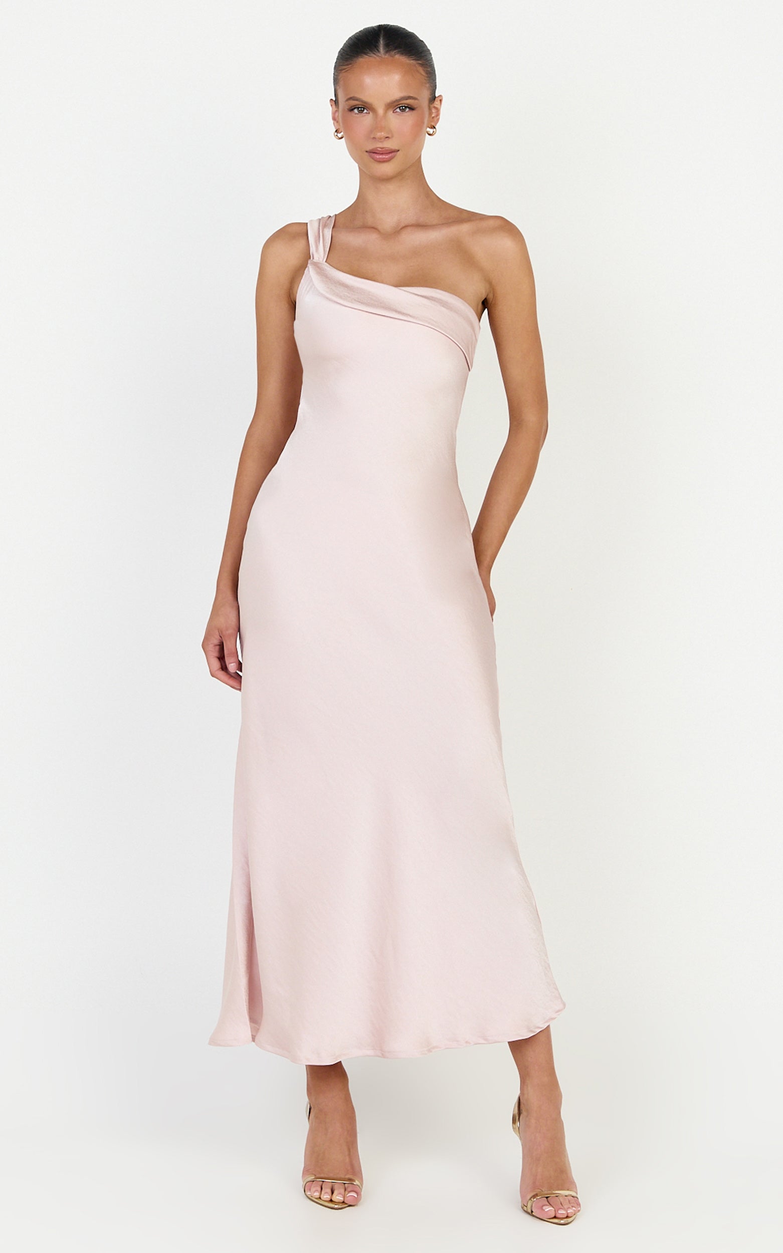 Calix Midi Elbise - Pembe Tek Omuz Slip Elbise