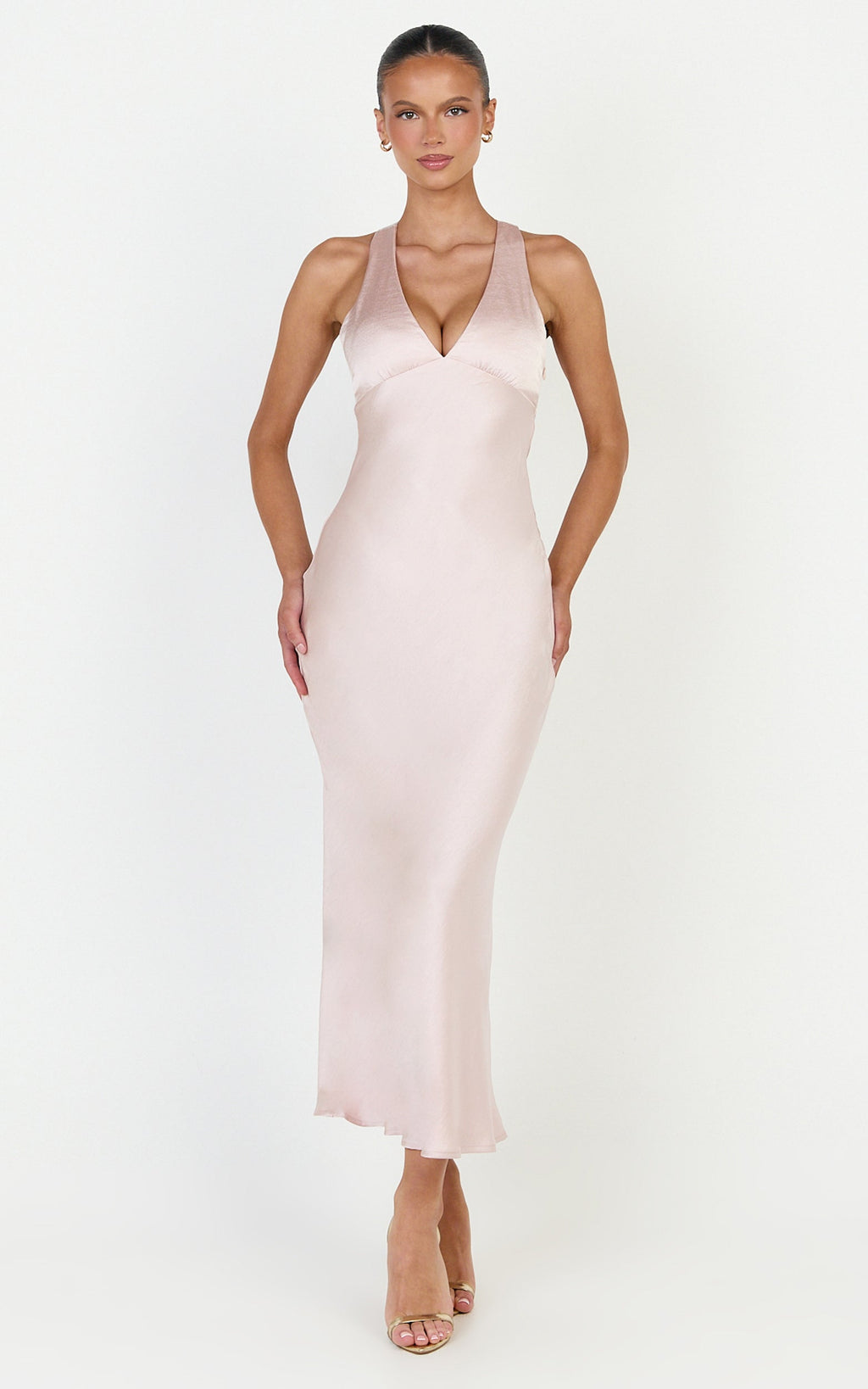 Khalani Midi Elbise - Açık Pembe Derin V Yaka Saten Slip Elbise