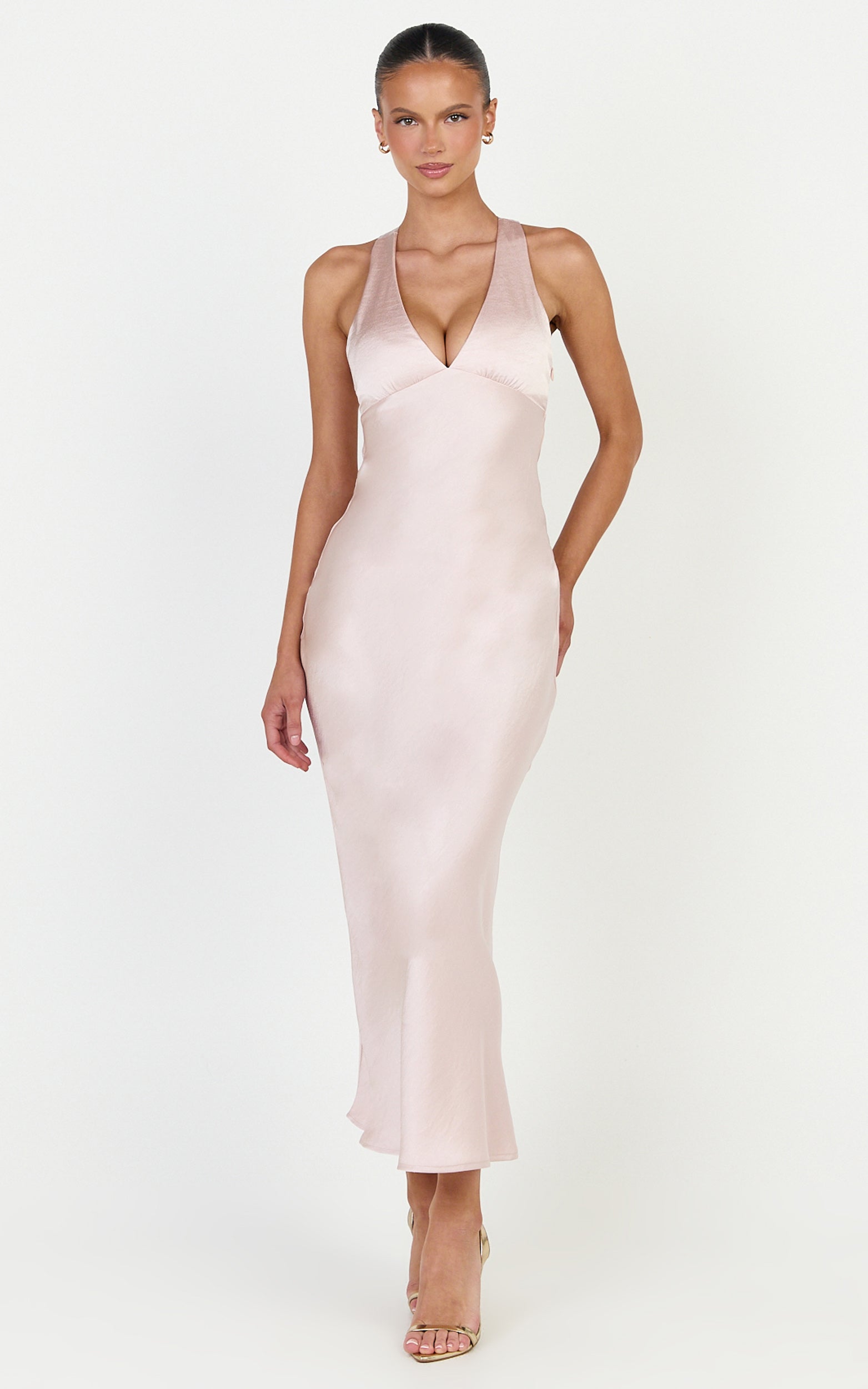 Khalani Midi Elbise - Açık Pembe Derin V Yaka Saten Slip Elbise