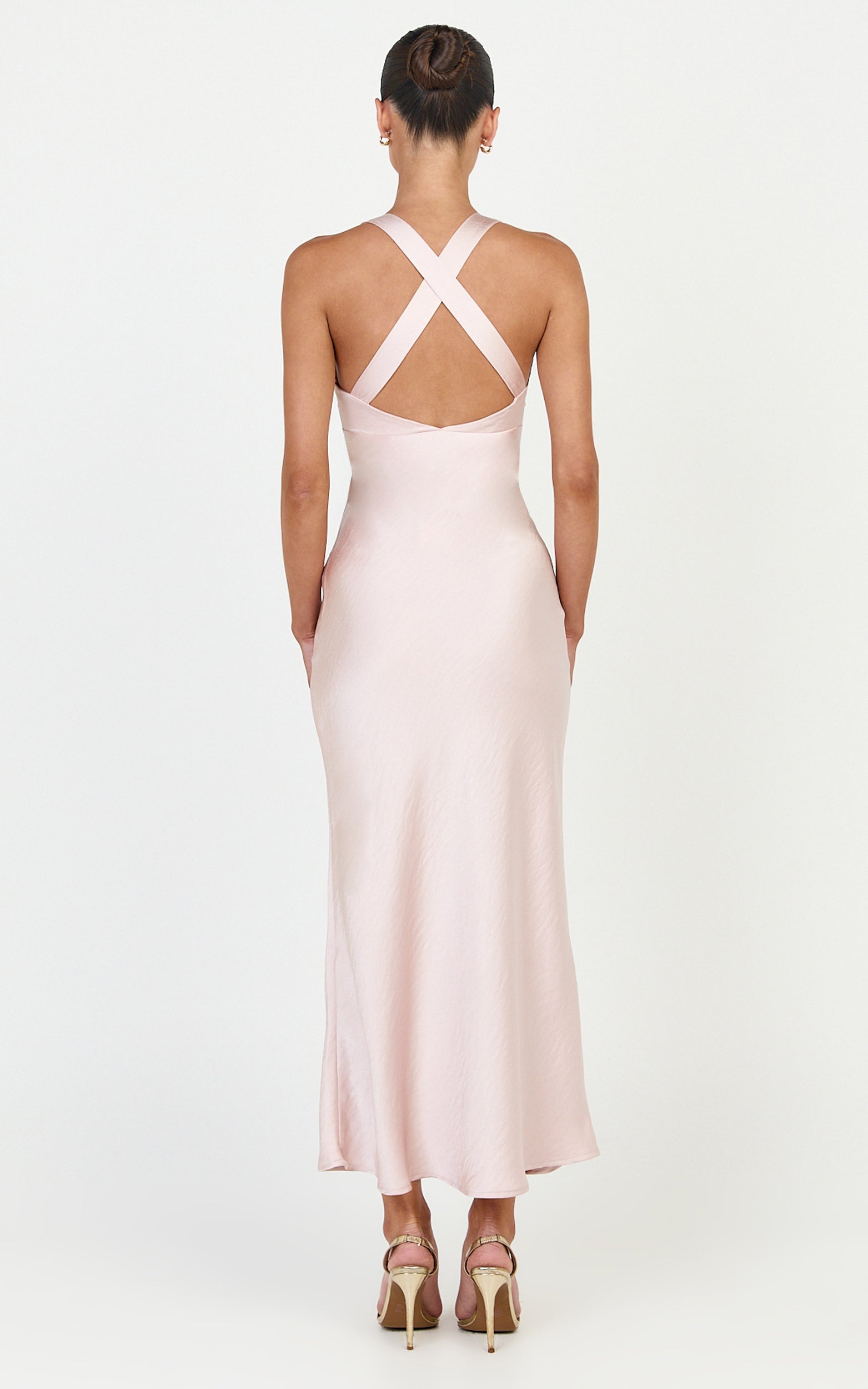 Khalani Midi Elbise - Açık Pembe Derin V Yaka Saten Slip Elbise