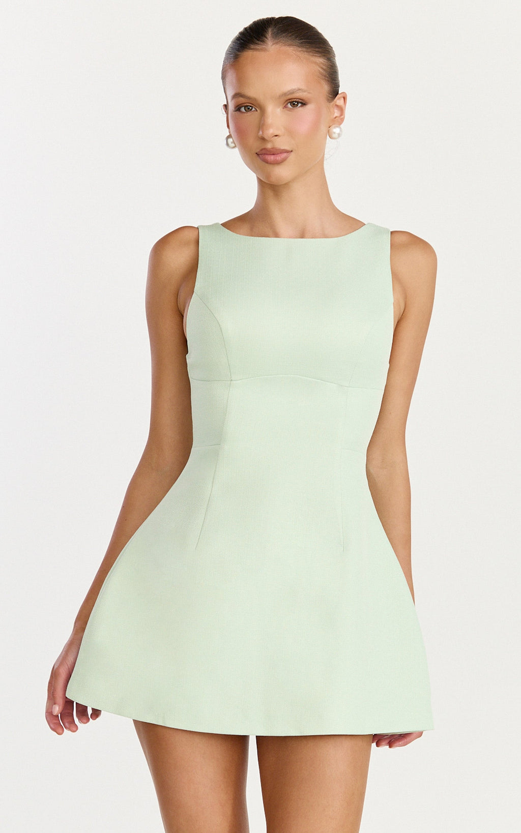 Raquelle Mini Elbise - Fıstık Yeşili Buklet Kayık Yaka V Sırt Fit & Flare Elbise