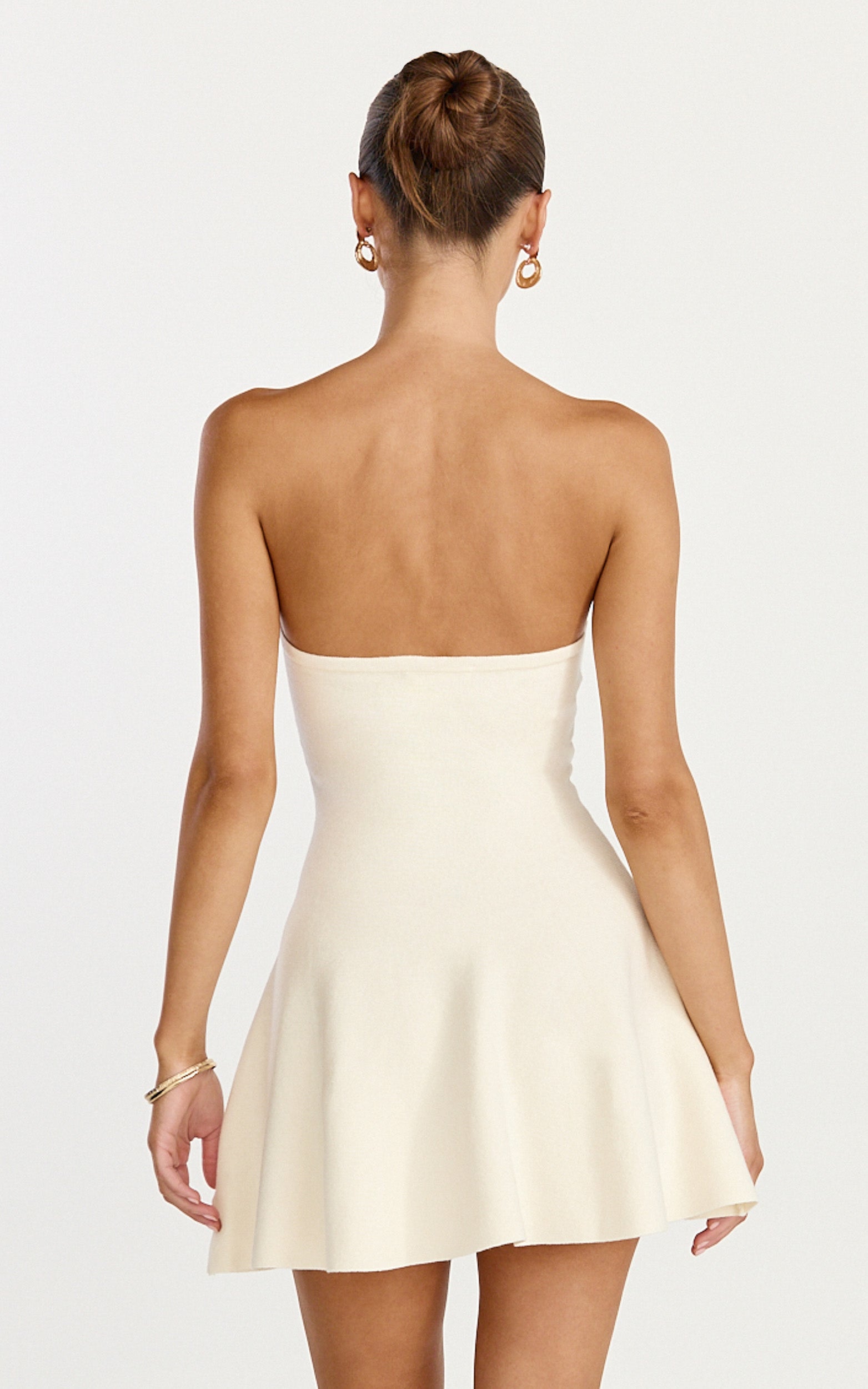 Roselisse Mini Elbise - Krem Straplez Kalp Yaka Fit & Flare Elbise