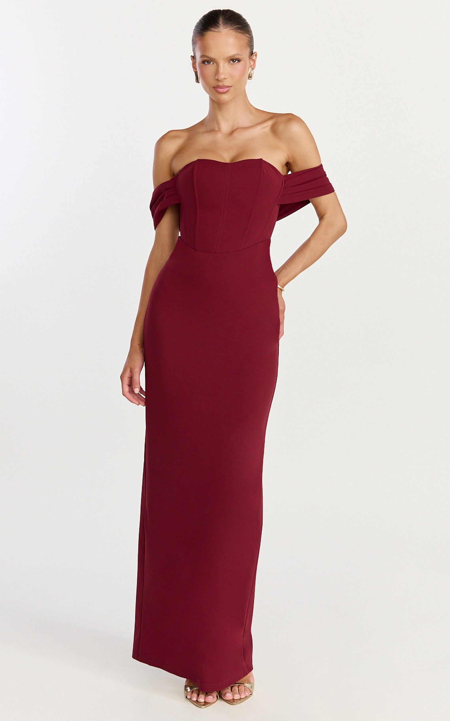 Karina Maxi Elbise - Bordo Omuzları Açık Korse Büstlü Arkası Bağcıklı Elbise