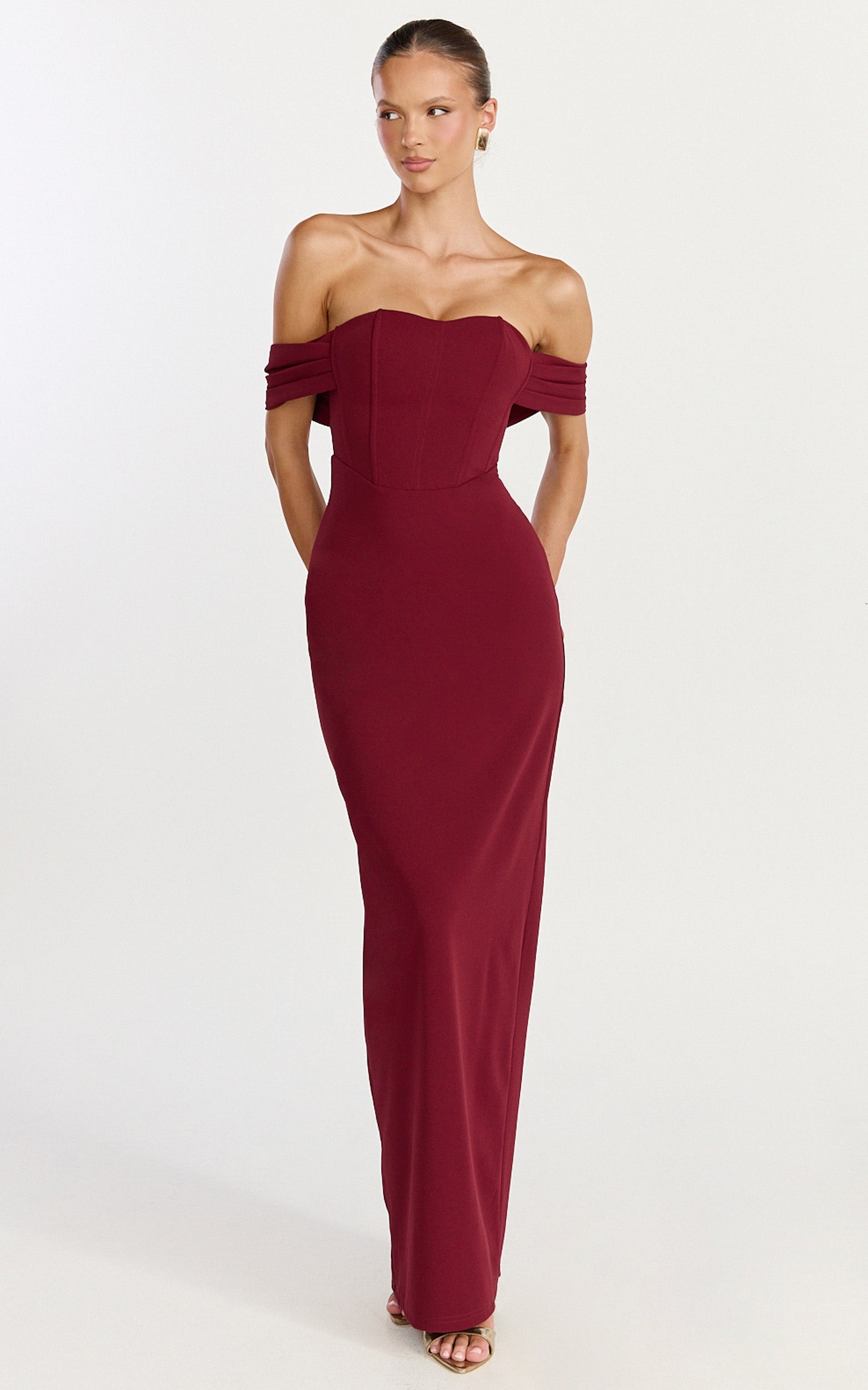 Karina Maxi Elbise - Bordo Omuzları Açık Korse Büstlü Arkası Bağcıklı Elbise
